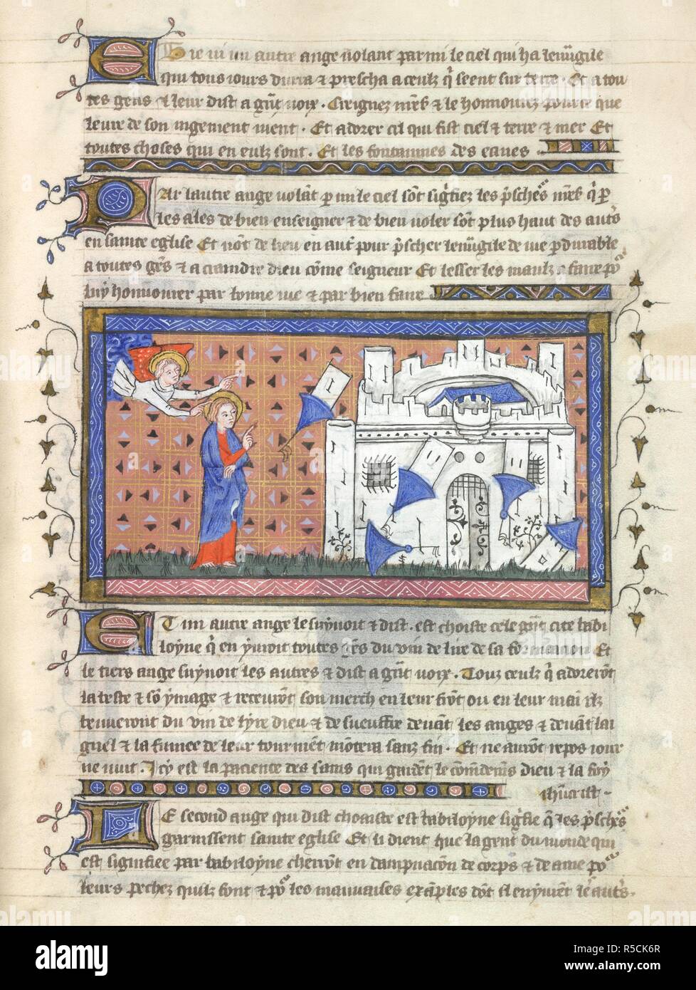 D'un ange miniature montrant John une vision de la chute de Babylone, à partir d'Apocalypse 18. Apocalypse (Révélation). La France, l'Europe centrale (Paris) ; c. 1370-c. 1390. Source : Yates Thompson 10, f.24. Langue : Français. Banque D'Images