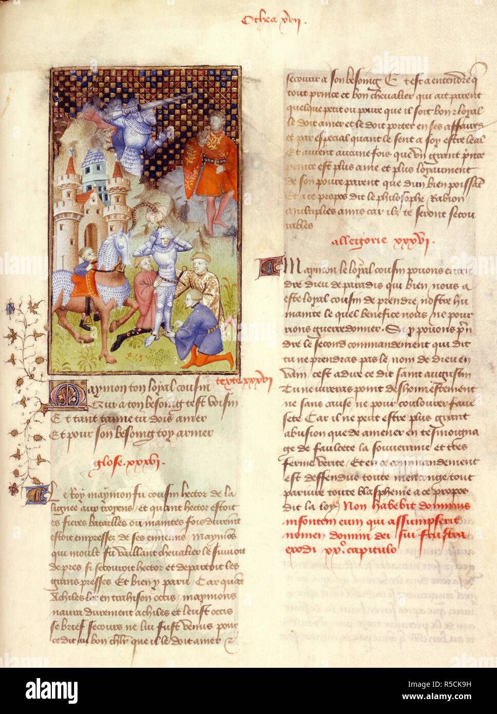 Memnon et Achille. Oeuvres complètes de Christine de Pisan. France (Paris), 1410-1411. Ensemble (folio) Memnon se prépare à combattre ; d'Achille dans l'arrière-plan, Achille tue Hector. À partir de l'EpÃ®tre d'OthÃ©a. Image réalisée à partir d'Œuvres complètes de Christine de Pisan. Publié à l'origine/produit en France (Paris), 1410-1411. . Source : Harley 4431, f.112. Langue : Français. Auteur : Christine de Pisan,. Maître de la Cité des Dames. Banque D'Images