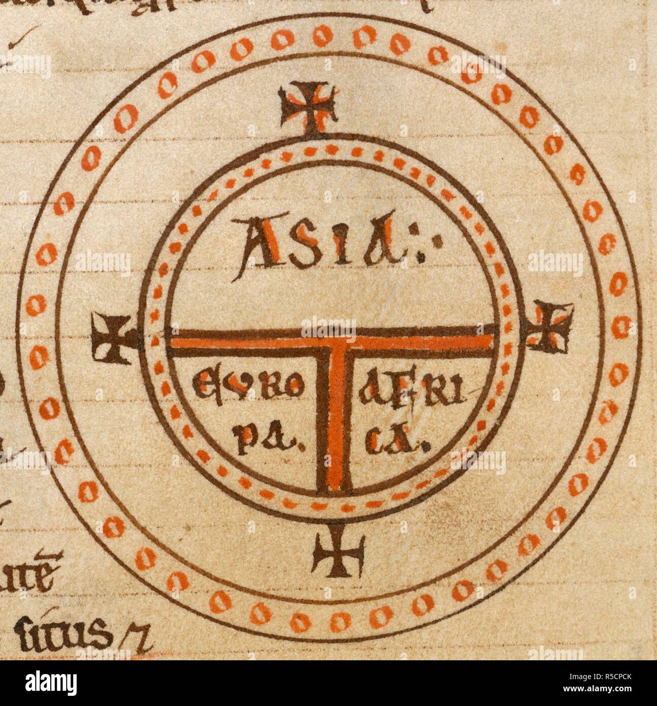 [Détail] DIAGRAMME T-O carte. Le monde est représenté comme un cercle divisé par une forme de 'T' en trois continents, Asie, Europe, et en Afrique . Étymologies. 12e siècle. Source : Royal 12 F. IV, f.135v. Langue : le latin. Auteur : Isidore, Saint, évêque de Séville. Banque D'Images