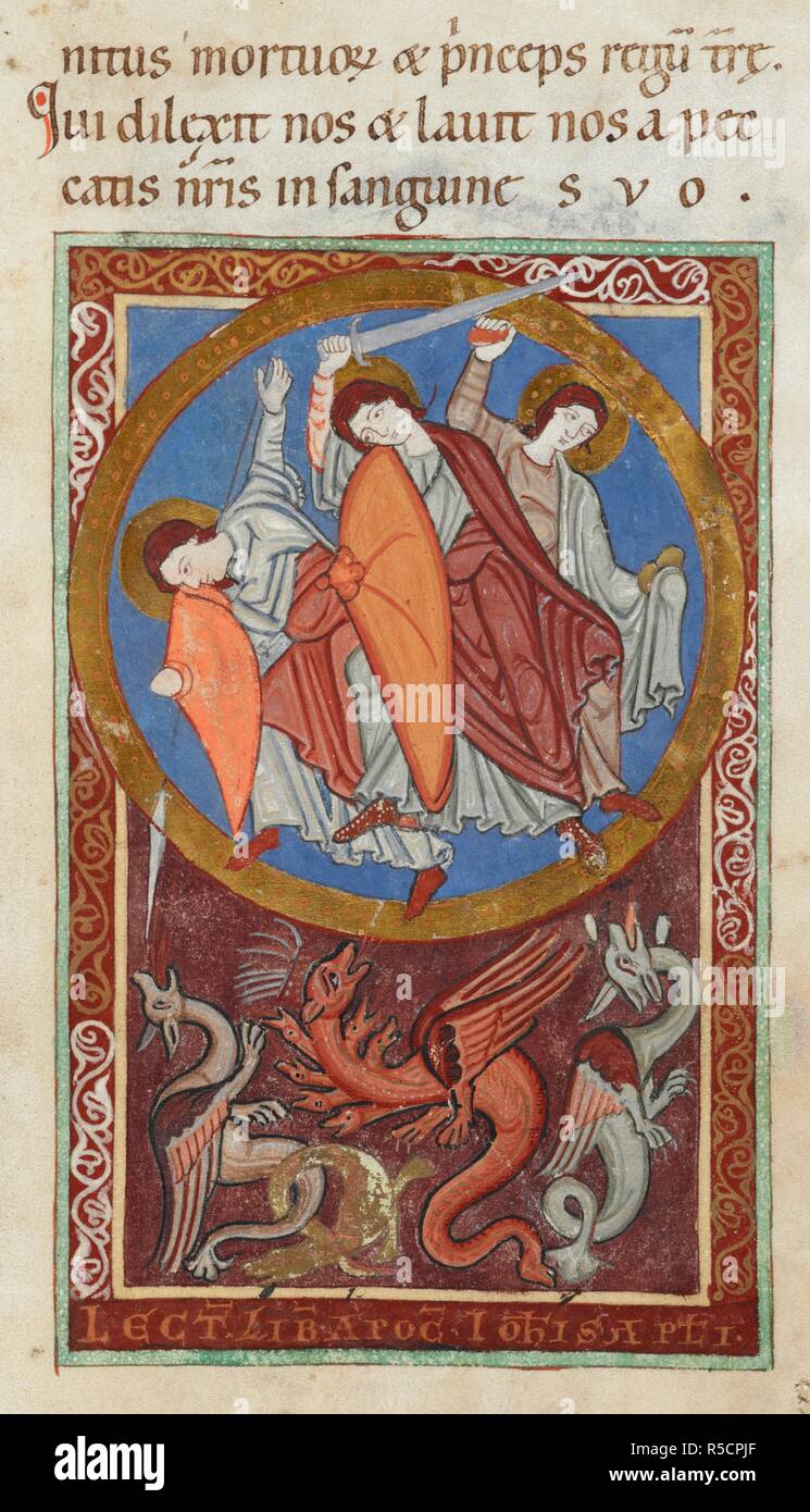 Miniature de Michael et deux autres anges luttant contre le dragon à sept têtes de l'Apocalypse et trois autres dragons. Lectionnaire ('le Lectionnaire Siegburg') (s. 4V-77) ; avec la politique commune de Saints (ff. 77-87V), les directions et les leçons de la masse (ff. 87v-93v) ; diverses lectures. Allemagne, W. (Siegburg) ; 2e quart du 12e siècle. Source : Harley 2889, f.68. Langue : le latin. Banque D'Images