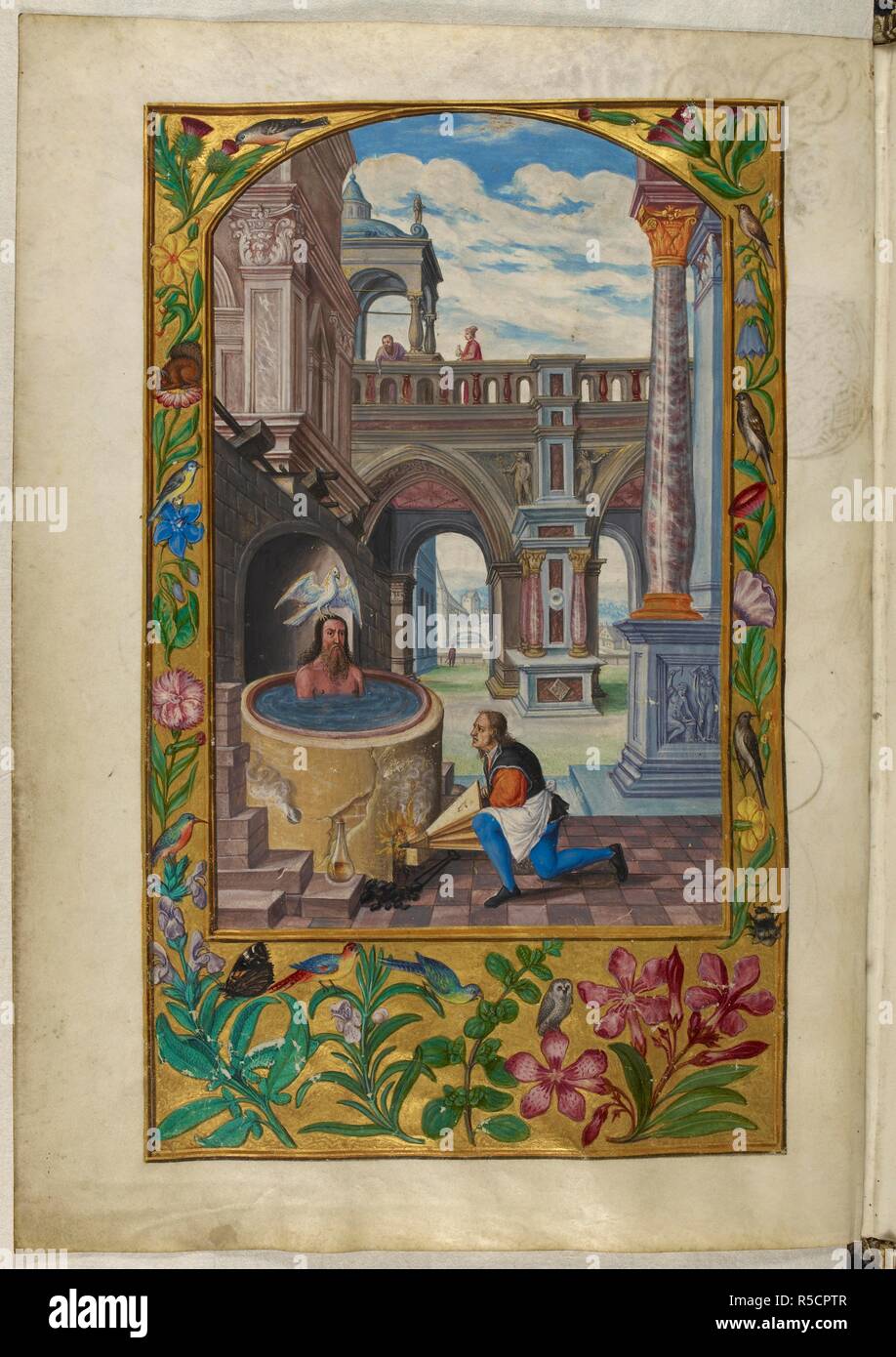 Illustration de la septième parabole : Un homme dans une baignoire dans une cour, avec un serviteur qui tend le feu sous le bain ; bordures décorées d'oiseaux et de fleurs. Splendor Solis. Allemagne, 1582. Source : Harley 3469, f.21v. Langue : Allemand. Auteur : Trismosin, Salomon. Banque D'Images