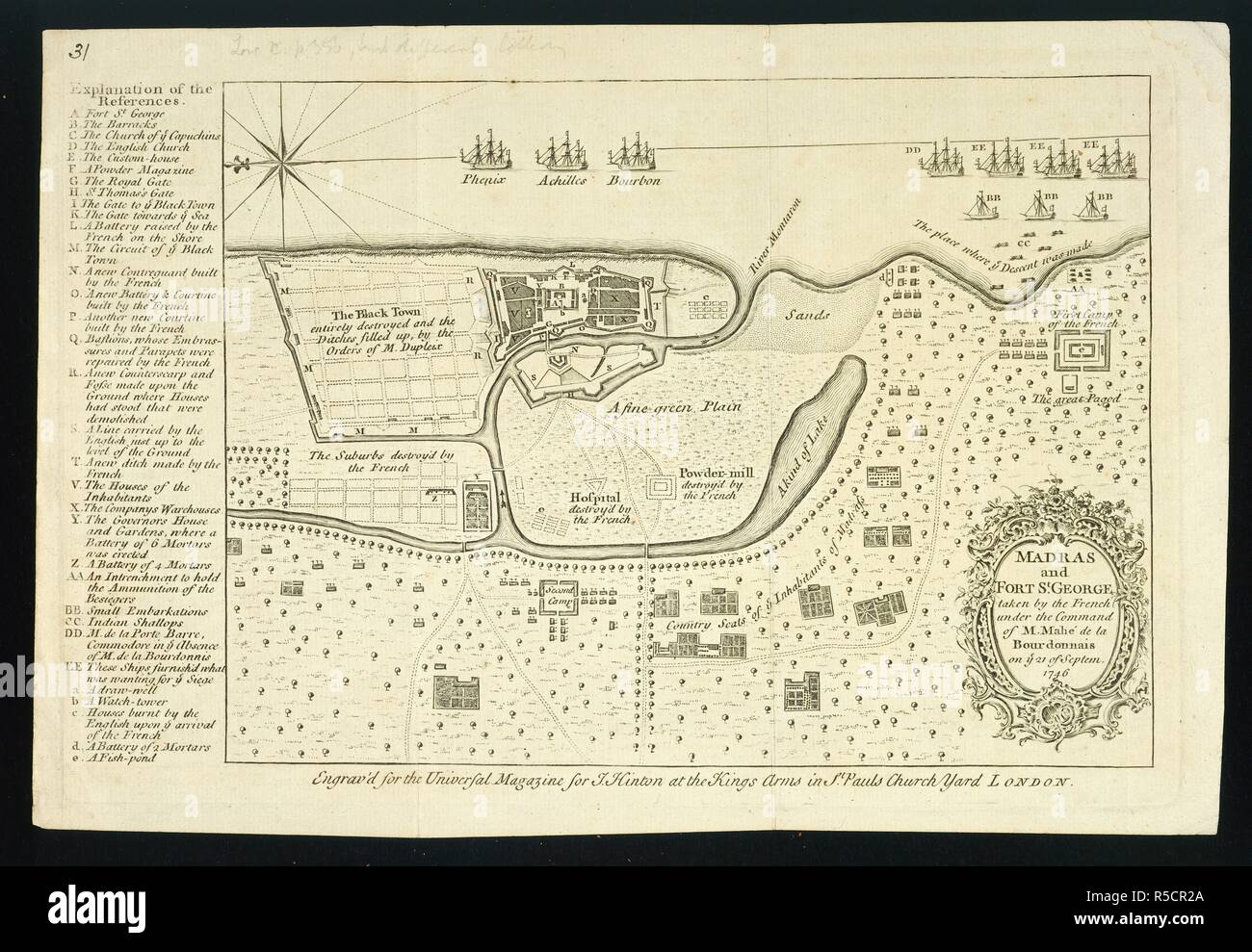 Madras et du Fort St George. 'Madras et Fort St. pris par l'ONU. 1790 - 1800. Madras et du Fort St George prises par les Anglais sous le commandement de M. Mahé de la Bourdannais sur 21 de septembre. 1746. Image prise à partir de 'Madras et Fort St. pris par les Français sous le commandement de M. Mahé de la Bourdannais sur 21 de septembre. 1746.' Plan, avec clé. Publié dans la Revue Universelle pour J. Hinton. Publié à l'origine/produit dans 1790 - 1800. . Source : P232,. Langue : Anglais. Banque D'Images