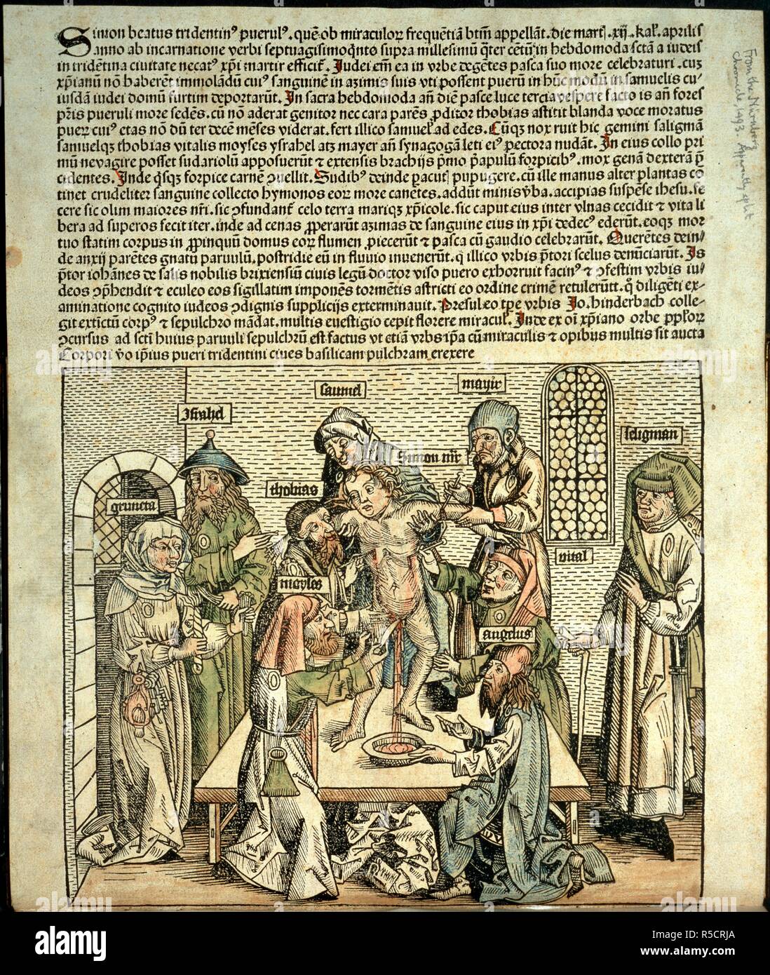 Un garçon d'être torturé. Joannes Mathias... tuberinus rectorib : senatui, po. Frideric : Cre:usner : Nuremberg, 1475 ?. Un garçon d'être torturé à mort par les Juifs. Détail. Image prise de Joannes Mathias... tuberinus rectorib : senatui, populo : brixiano (une lettre, datée du tridenti secundo nonas aprilis 1475, contenant un compte de l'assassinat de Simon de trente par les Juifs). Publié à l'origine/produit dans Frideric : Cre:usner : Nuremberg, 1475 ?. . Source : IB.7593, I. Banque D'Images