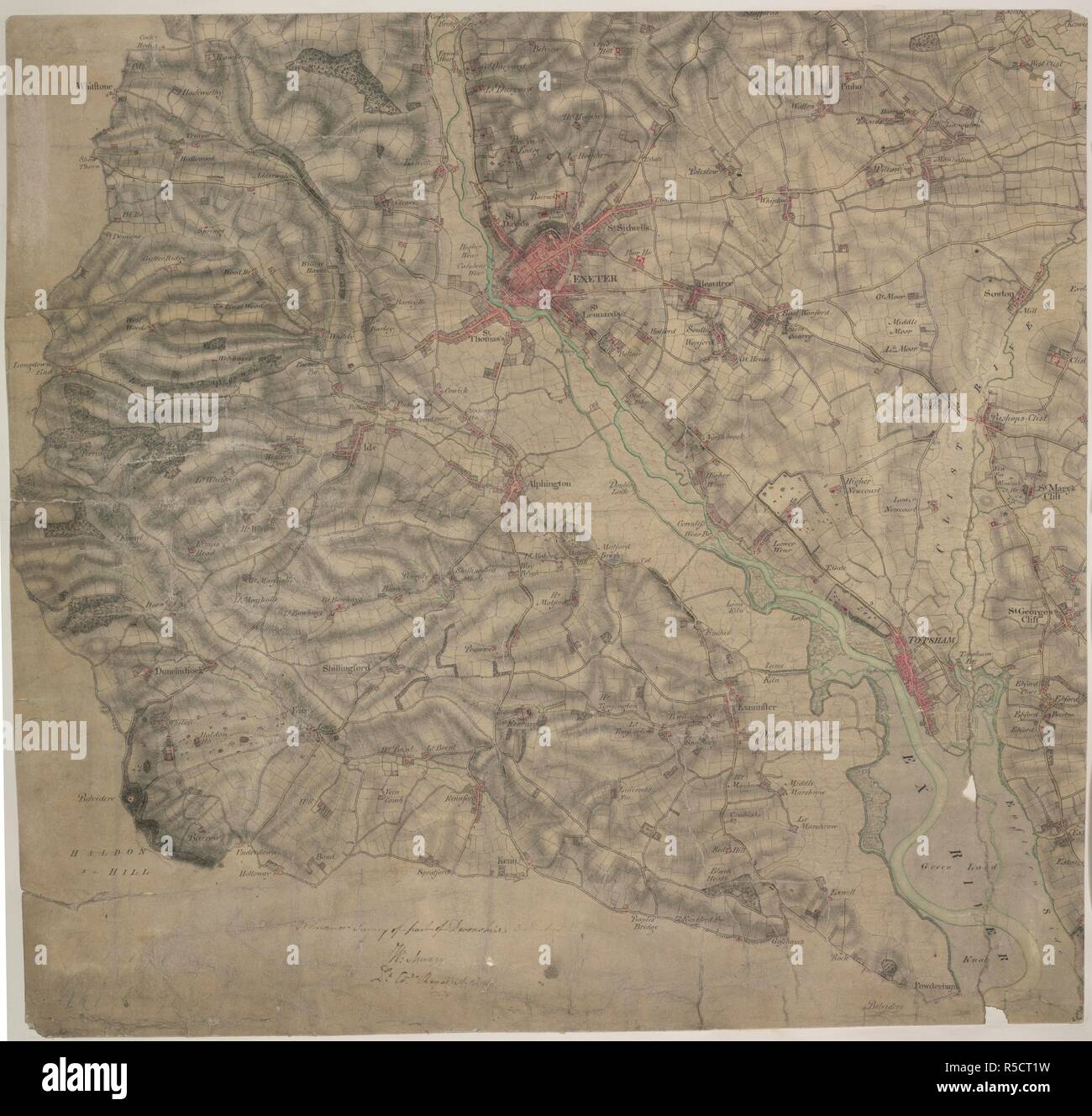 Exeter. Ce dessin couvre le terrain et d'autre de la rivière Ex. Exeter, la plus grande colonie, est montré en détail. Une caserne, pauvre maison et 'nouvelle prison' sont indiqués par les blocs rouges à la périphérie de la colonie. La route principale menant à Exeter est teinté jaune pour indiquer son statut de voie de communication majeure. Un peage, marqué 'T. Gate", apparaît sur cette route à l'entrée de la ville. Un affluent de la rivière Ex dispose d'une série d'écluses, annotés et marquée par une interruption de la ligne verte qui représente l'eau. Fours à chaux sont constatées en la matière. À la gauche du dessin, un Banque D'Images