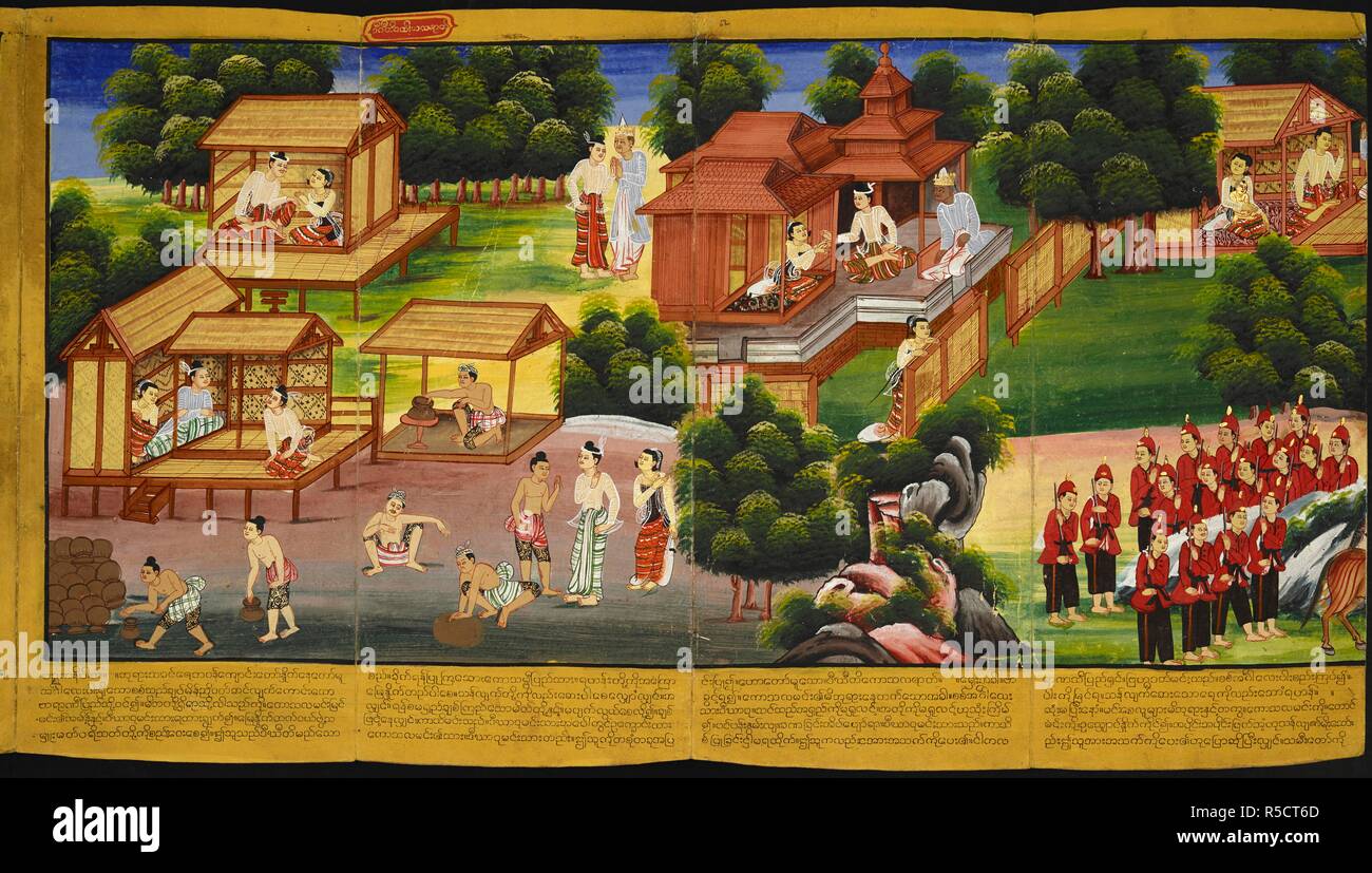 Des épisodes de la vie de Bouddha. Jataka tales (épisodes de la vie du Bouddha). La Birmanie, du milieu du xixe siècle. Source : Ou. 13538 f.62. Langue : Birman. Banque D'Images