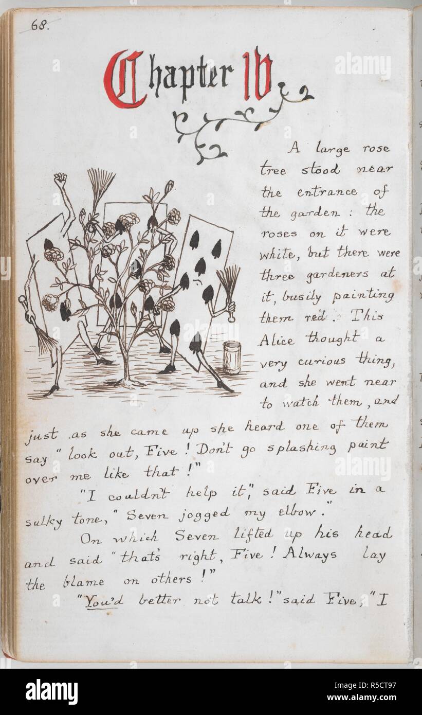 La peinture des jardiniers rosier. Aventures d'Alice sous terre [in Wonderland]. [Angleterre] Oxford ; 1862-1864. [Folio] texte et dessin de l'ouverture du chapitre IV : dans le magnifique jardin, Alice trouve les jardiniers, sous la forme de cartes à jouer, les roses blanches sont la peinture sur le grand arbre rose avec de la peinture rouge Image réalisée à partir d'aventures d'Alice sous terre [in Wonderland]. Publié à l'origine/produit en Angleterre [Oxford] ; 1862-1864. . Source : ajouter. 46700, f.35v. Langue : Anglais. Auteur : Charles Lutwidge Dodgson,. Charles Lutwidge Dodgson,, pseud. Lewis Carroll. Banque D'Images