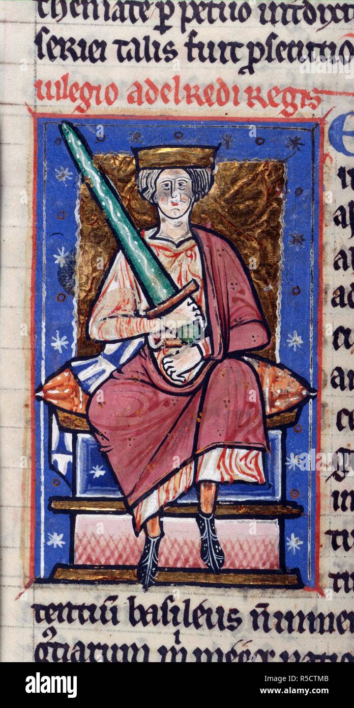 Ethelred l n'est pas prêt à l'épée. Chronique d'Abingdon. Abbaye d'Abingdon (Angleterre) ; vers 1220. (Miniature) Roi Ethelred le Pas prêt, assis, tenant une épée. Image prise à partir de la chronique d'Abingdon. Publié à l'origine/produit en Angleterre (Abbaye d'Abingdon) ; vers 1220. . Source : Cotton Claudius B. VI, f.87v. Langue : le latin et Anglo-Sax. Banque D'Images