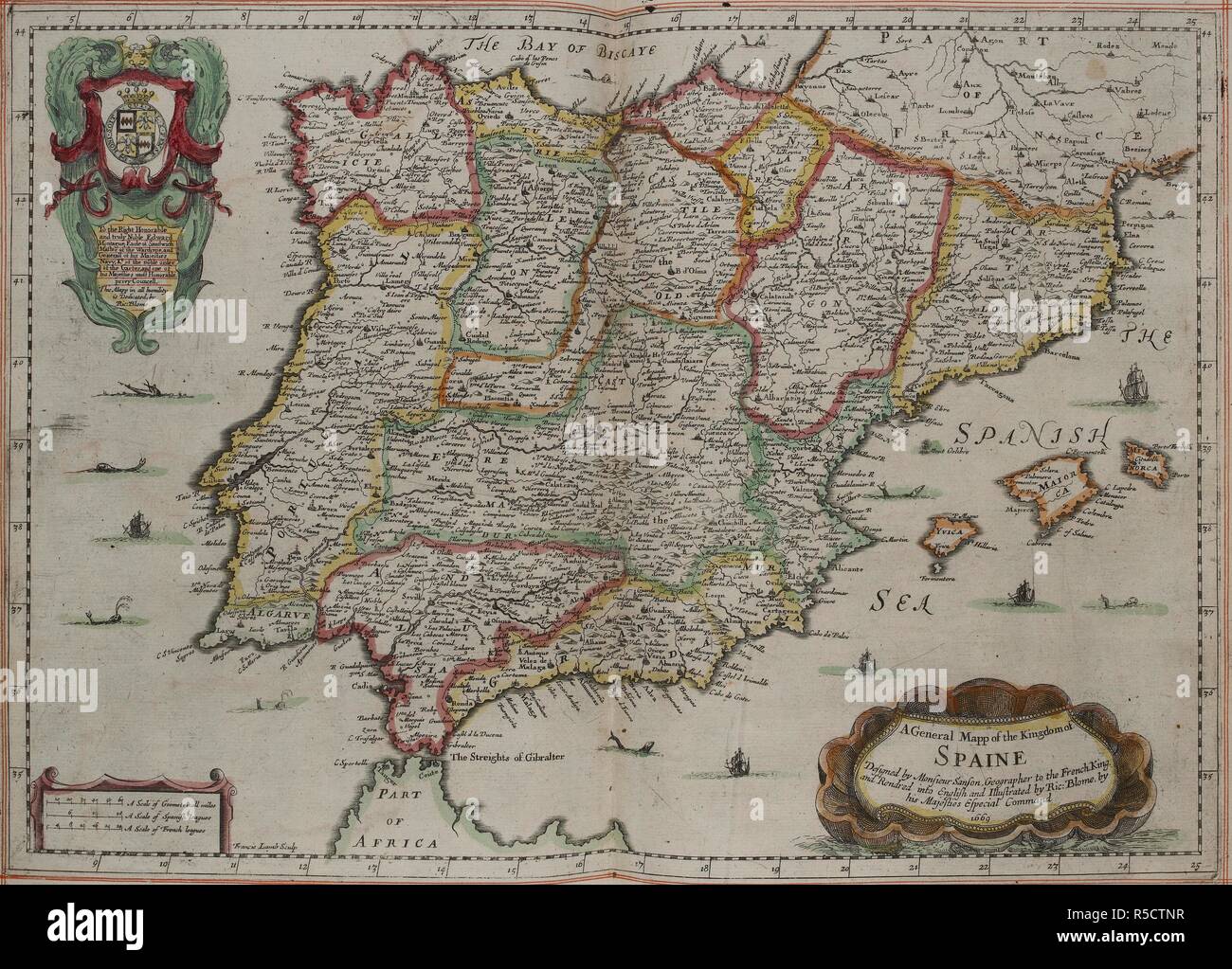 Carte de l'Espagne, 17ème siècle. Un mapp général du Royaume d'Spaine / Conçu par Monsieur Sanson . . .  ; Rendred [ !] en anglais et illustré par Ric : Blome . . . 1669 ; Francis Sculptures d'agneau. Londres : Imprimé pour Richard Blome, 1669. Source : C.39.d.2 pages 2-3. Banque D'Images