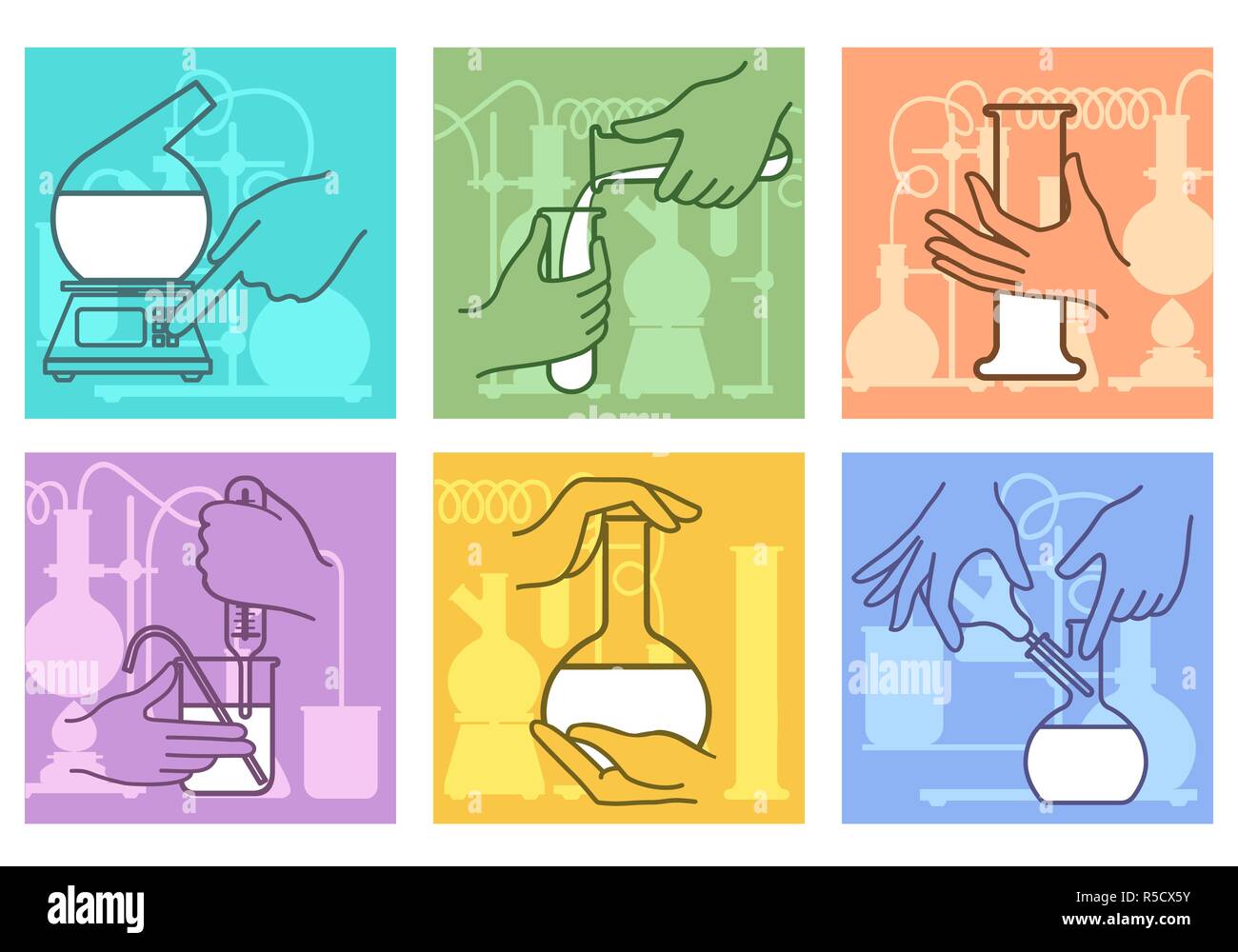 Combinaison de la recherche chimique. Science Lab experiment, mélange de produits chimiques liquides réaction chimique du matériel de laboratoire avec les mains, vector illustration Illustration de Vecteur