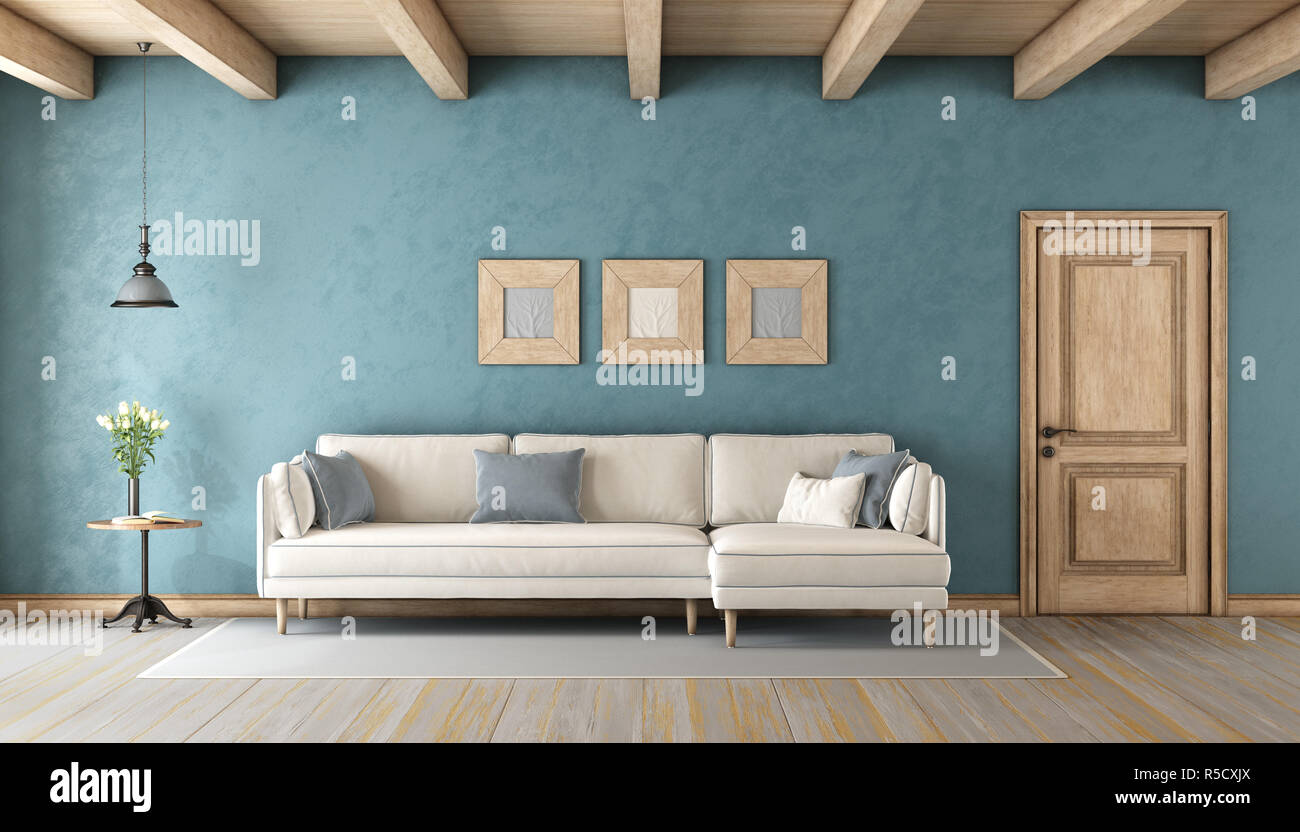 Blue salon avec canapé blanc Banque D'Images
