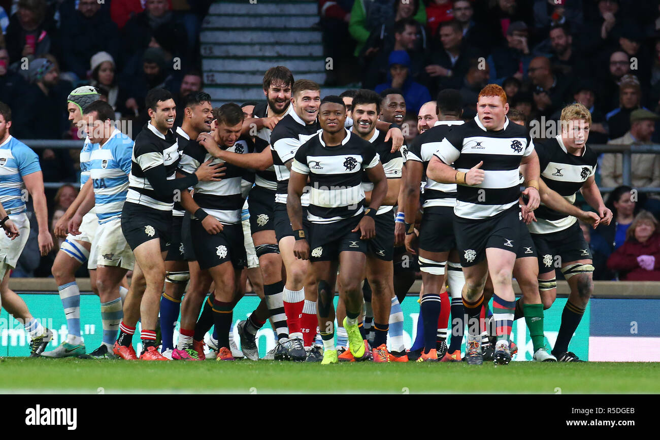 Londres, Royaume-Uni, 01 décembre 2018 Handre Pollard (Bulls & Afrique du Sud) de barbares célèbre sa Essayez En Killik Cup entre les Barbarians et l'Argentine au stade de Twickenham , , Londres, Angleterre le 01 décembre 2018. Action Sport Crédit Photo Banque D'Images