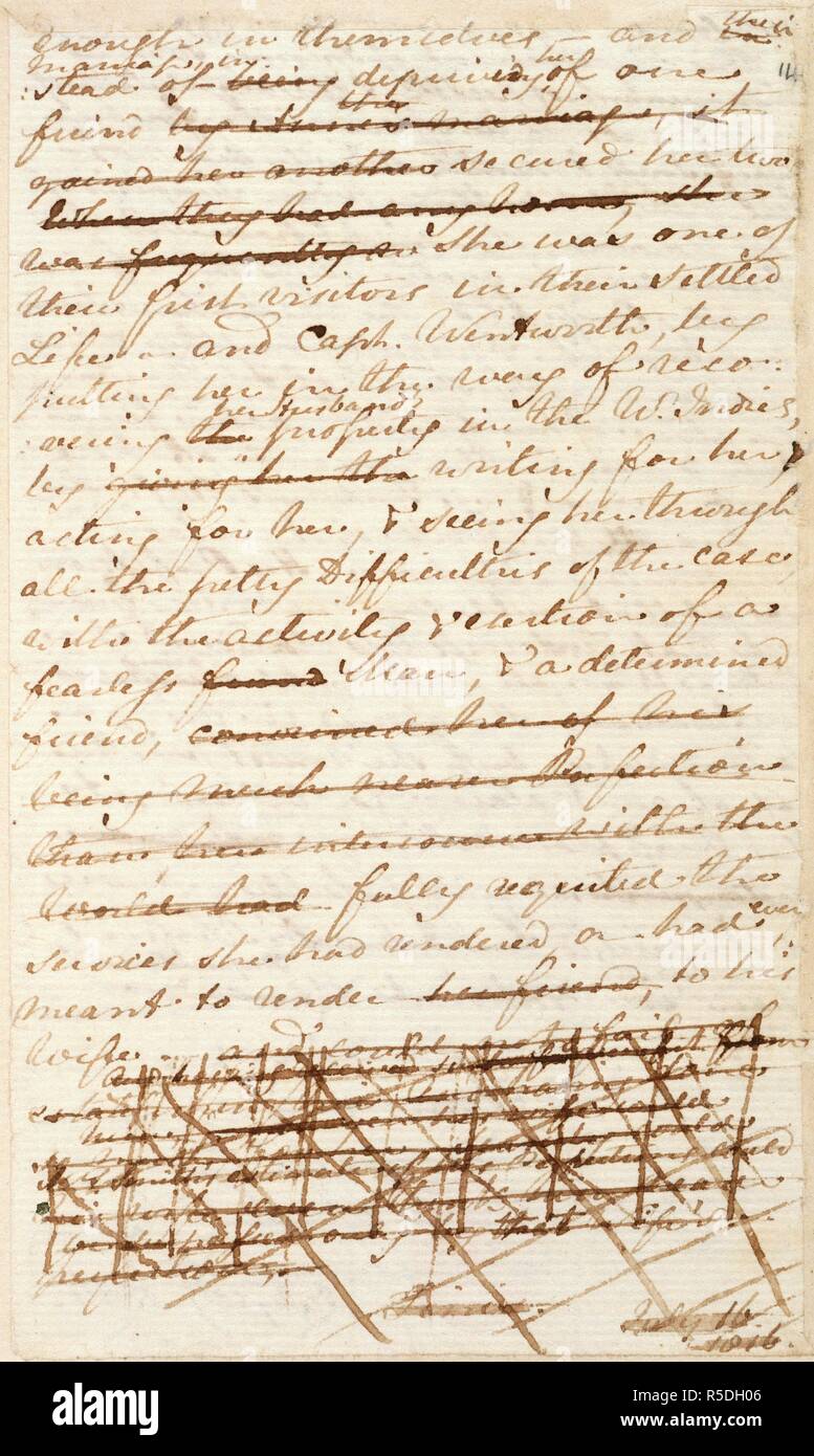 La page de 'Persuasion'. La persuasion. 1816. [Folio] Une partie du chapitre 11, à partir de la manuscrit autographe de 'Persuasion' image prise à partir de la persuasion. Publié initialement en 1816. produits/ . Source : Egerton 3038, f.14. Langue : Anglais. Banque D'Images