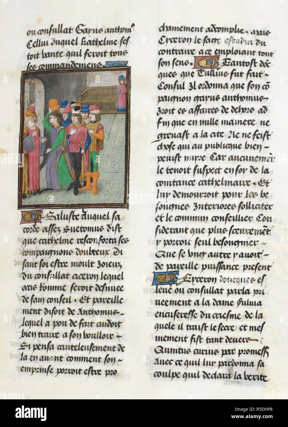 Catilina et conspiritors (Livre 1, 21). César, traduit par Jan Du Quesne (ou Jean Duchesne), Bellum Gallicum ( Les commentaires de César ). 1473-1476. Source : Royal 16 G.VIII, f.47. Auteur : Jules César. Du Quesne, Jehan. Cercle de la Maître de la London Wavrin. Banque D'Images