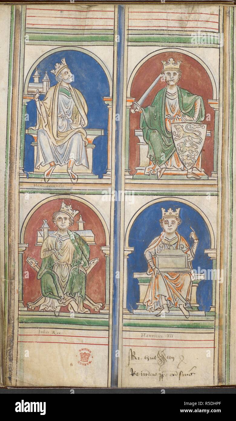 Quatre rois d'Angleterre : au-dessus, Henri II et Richard i ; ci-dessous, John et Henry III. Dessins des rois d'Angleterre et l'Angleterre d'Henry III. France (St Albans), 1250-1259. Source : Cotton Claudius D. VI, f.9c. Auteur : PARIS, Matthieu. Banque D'Images