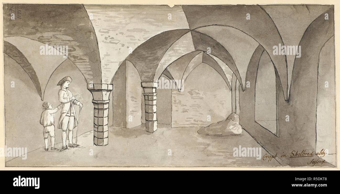Deux figures debout dans la crypte à Shulbrede Prieuré, Sussex. Crypte dans Shelbred Sussex Abby. c. 1770-1790. Dessin. Source : Maps K.Haut.42,65. Langue : Anglais. Banque D'Images