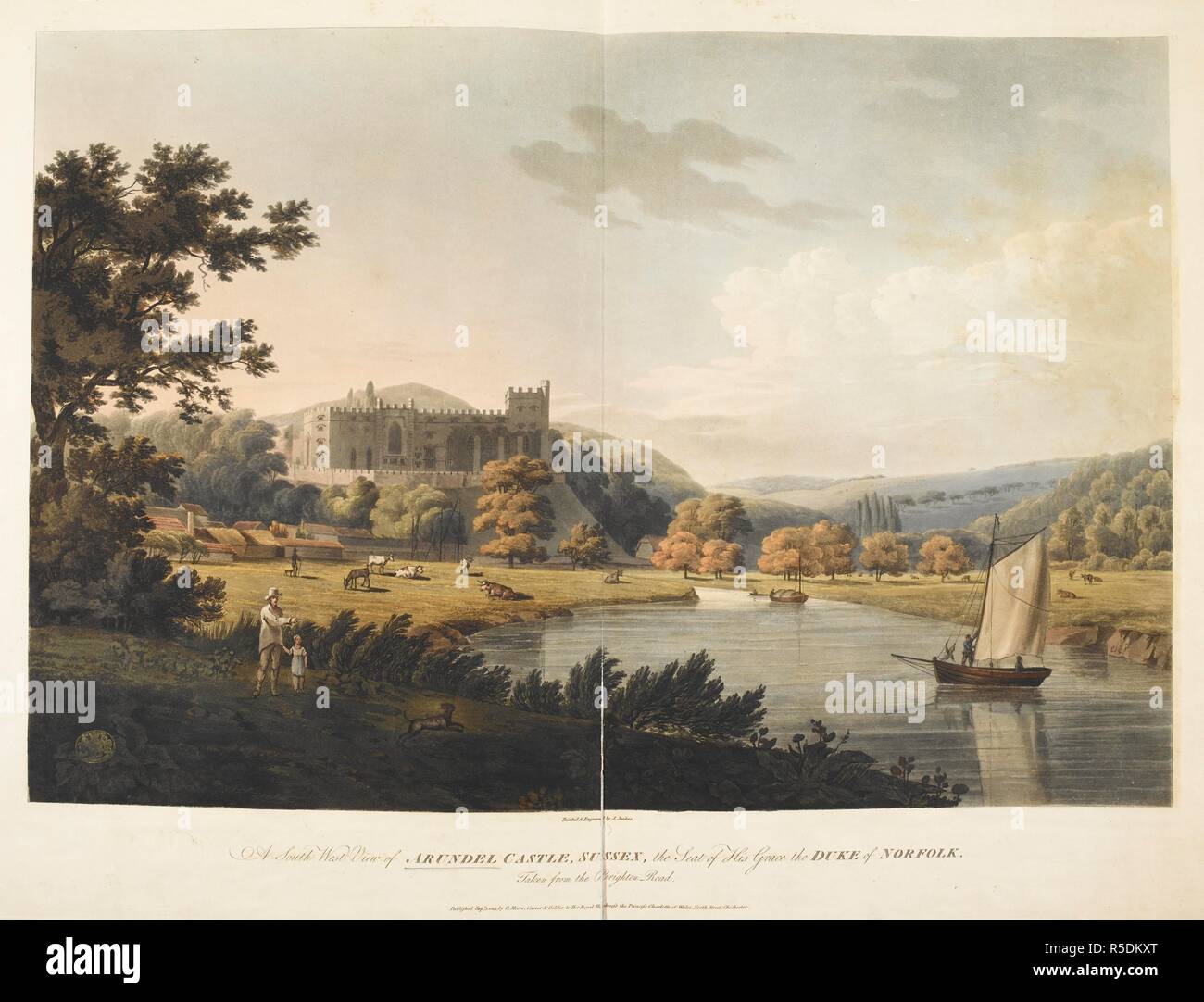Un bateau à voile sur l'eau ; les chiffres et un chien en premier plan ; le pâturage du bétail dans la zone mitoyenne ; Château d'Arundel dans la distance ; des arbres tout au long de la scène. Une vue du sud-ouest du château d'Arundel, Sussex, le siège de Sa Grâce le duc de Norfolk prises à partir de la route de Brighton. [Chichester] Publié : sep 1 1815 par G. Moore, sculpteur et doreur à Son Altesse Royale la princesse de Galles, Charlotte North Street, Chichester., [1 septembre 1815]. L'aquatinte et la gravure avec la main-coloration. Source : Maps K.Haut.42.12.d. Langue : Anglais. Auteur : Jeakes, J. Banque D'Images