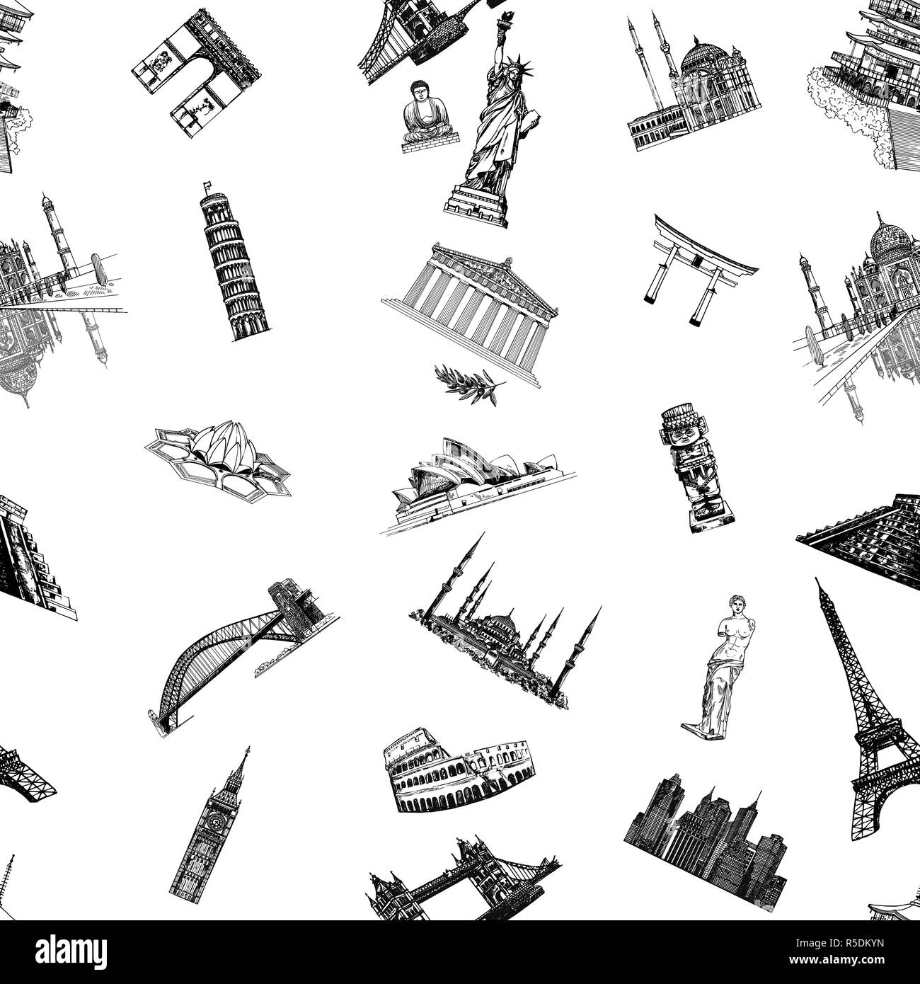 Profil de transparente esquisse dessinée à la main style world's monuments célèbres et des sites isolé sur fond blanc. Vector illustration. Illustration de Vecteur