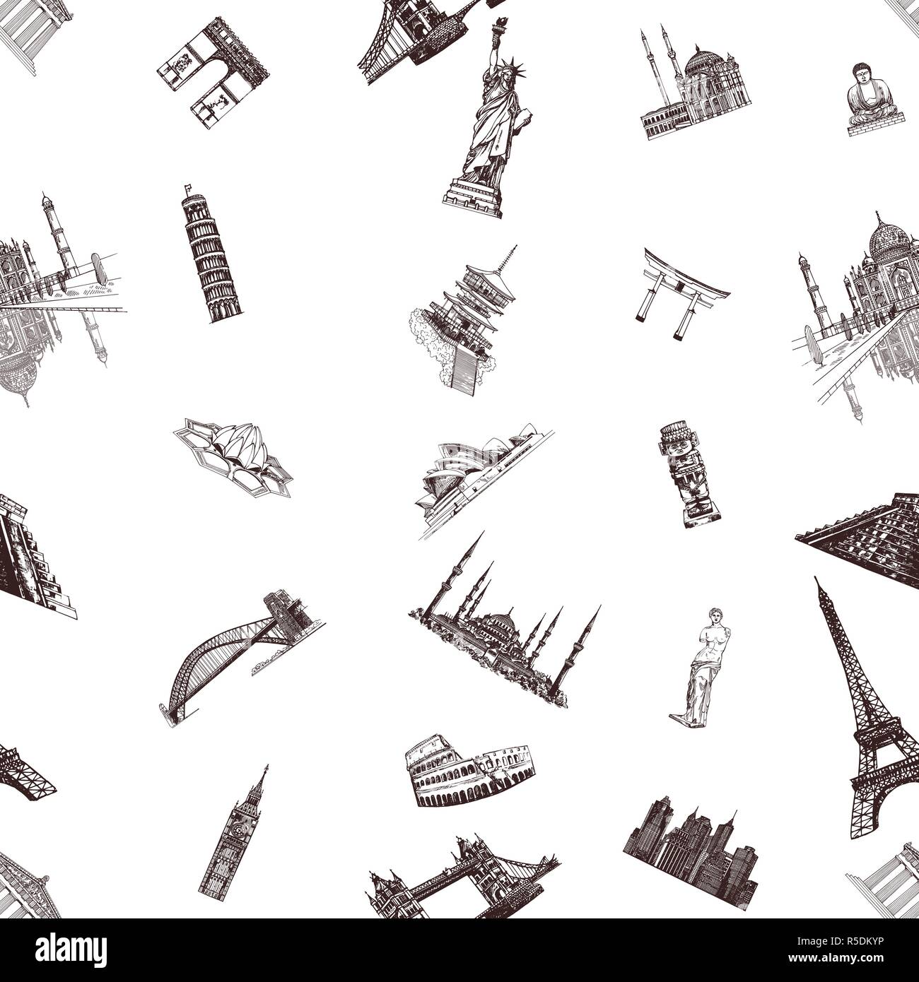 Profil de transparente esquisse dessinée à la main style world's monuments célèbres et des sites isolé sur fond blanc. Vector illustration. Illustration de Vecteur
