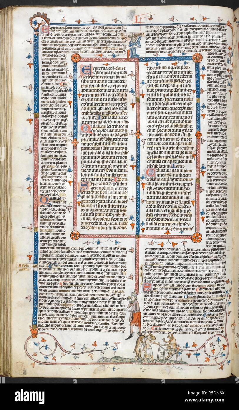 Un bas-de-page scène de trois lapins avec un homme. Décrétales de Grégoire IX avec glossa ordinaria (le 'Smithfield décrétales'). La France, S. (Toulouse), dernier quart du 13e siècle ou au 1er trimestre de la 14e siècle. Source : Royal 10 E. IV, f.60v. Langue : le latin. Auteur : Raymond de PeÃ±afort, éditeur. Bernard de Parme, glossator. Banque D'Images