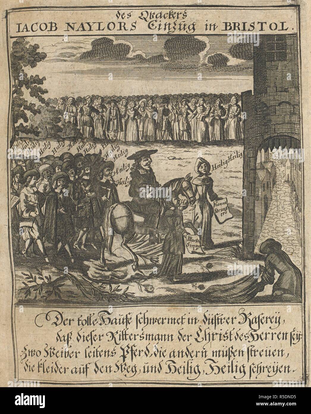 Jacob Naylor einzig à Bristol. James Nayler (ou Naylor, 1616â€"1660) était un leader Quaker. En 1656, atteint une notoriété nationale Nayler lorsqu'il a adopté de nouveau le Christ est entrée à Jérusalem en entrant Bristol sur un âne. Il a été emprisonné et accusé de blasphème. . Et Anabaptisticum Enthusiasticum LuÌˆst Geistliches und Panthéon-Hauss die alten Quacker plus large und neuen Frey-Geister, etc. Kothen et Francfort, 1702. Source : 1229.h.4. Banque D'Images