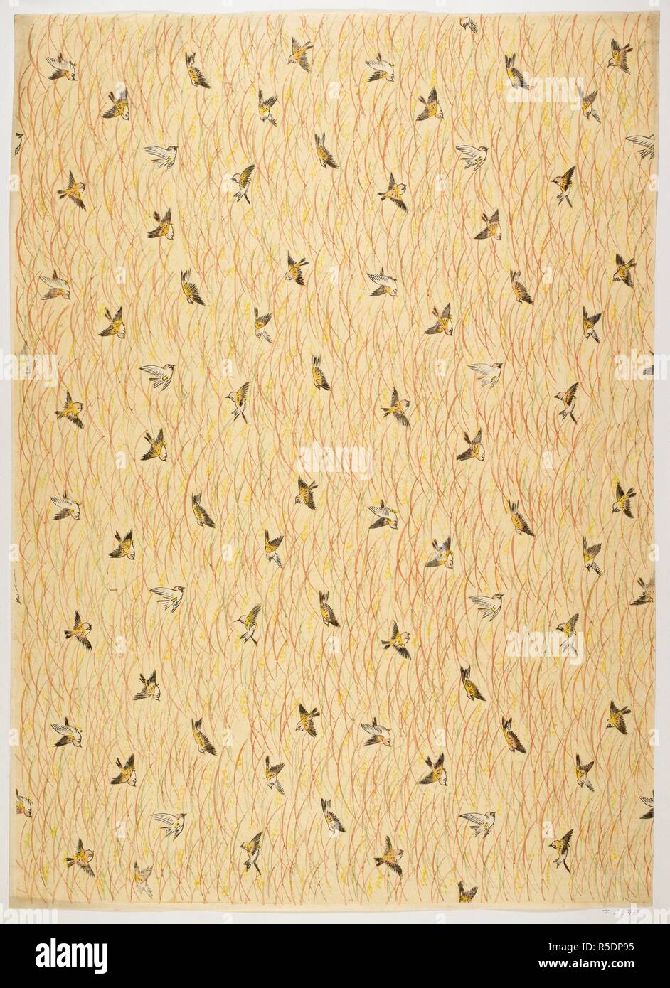 Blockprint (Japonais). Oiseaux sur un fond de couleur claire. . (L'Olga Hirsch collection de papiers décorés. Blockprints : le Japon). Source : Hirsch J.3448. Banque D'Images