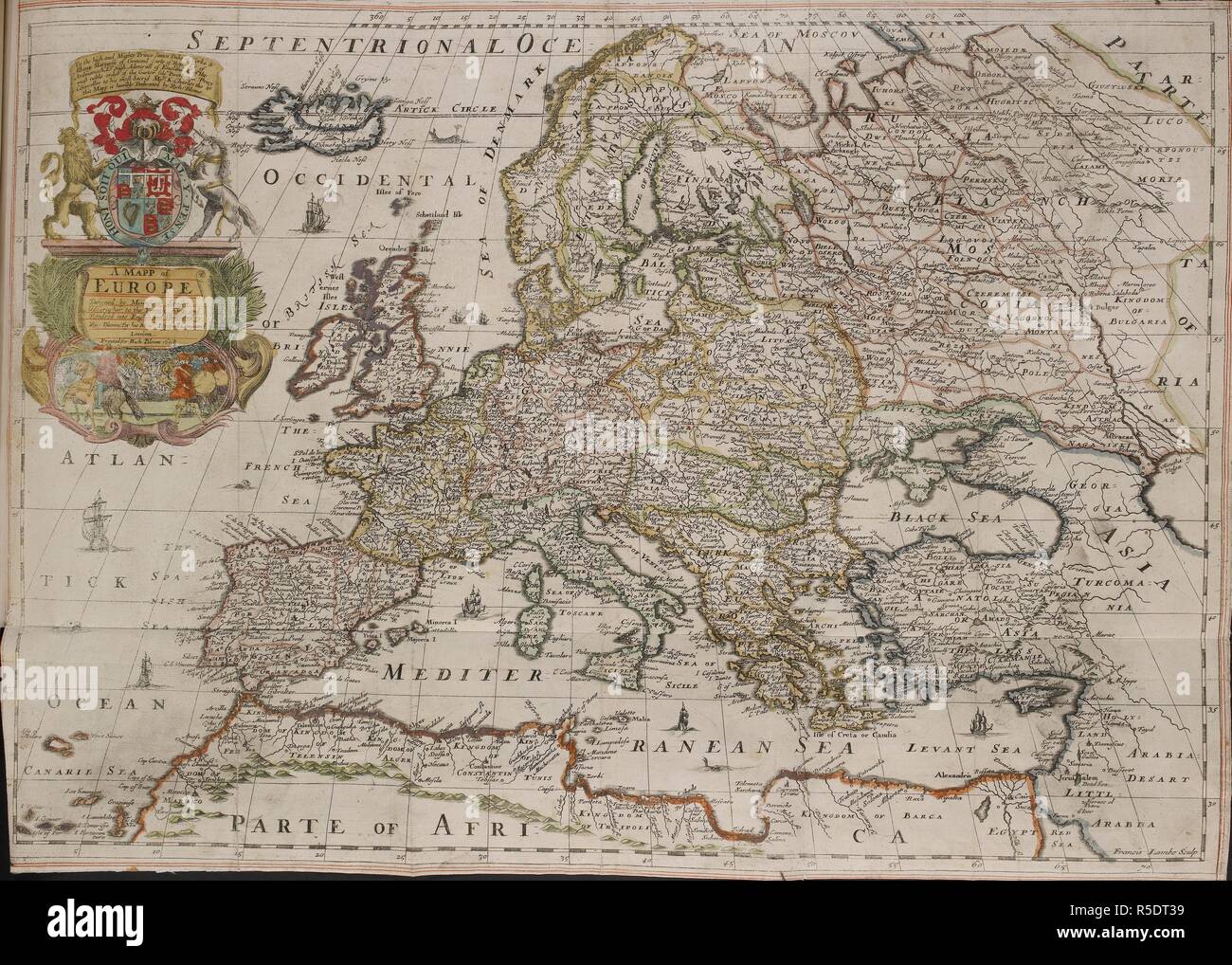 Carte de l'Europe. Un Mapp de l'Europe. Conçu par Mounsieur rendred Sanson ... et en anglais et illustré par Ric : Blome. Par son Majets especiall commande. Francis Lambe couche externe. Londres : Imprimé pour Richard Blome, 1669. Source : C.39.d.2 page 96-97. Banque D'Images