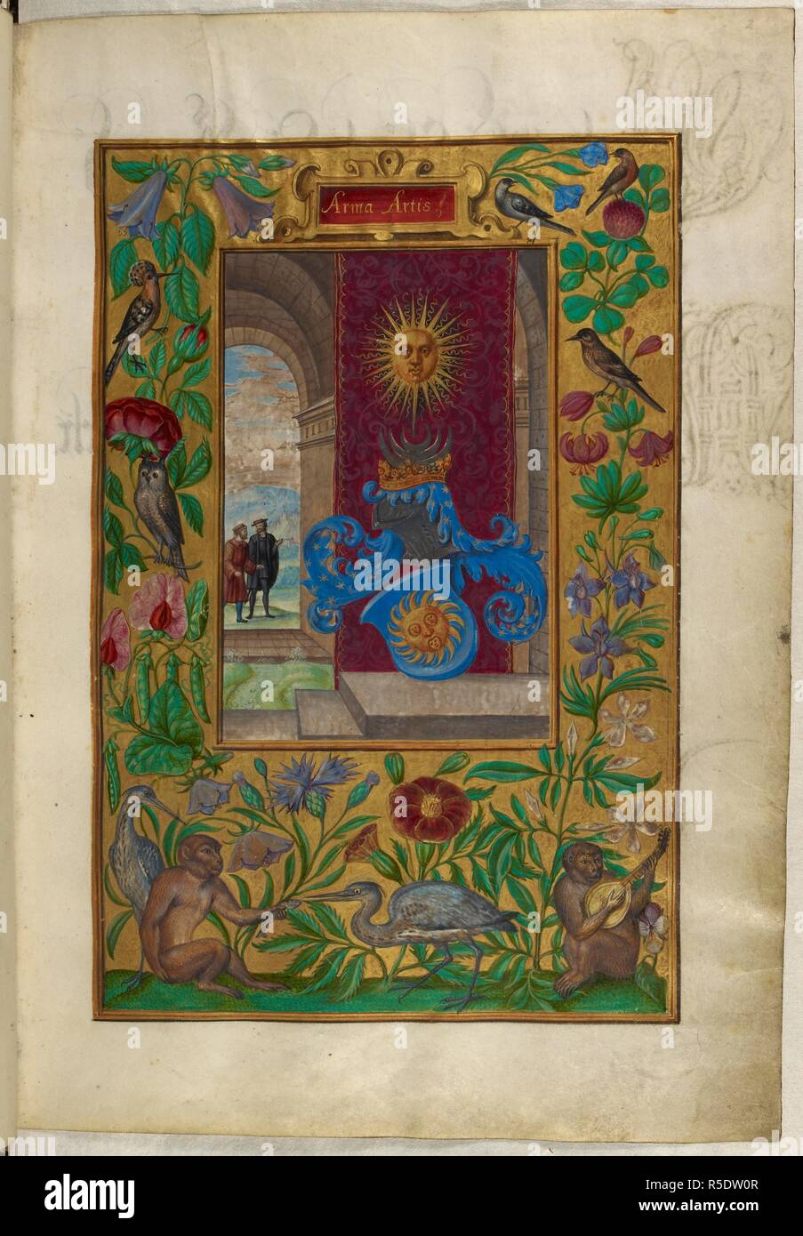 Deux soleils d'or avec des visages, l'un représenté sur un bouclier ; bordures décorées avec des singes, d'oiseaux et de fleurs. . Splendor Solis. Allemagne, 1582. (Folio) Ensemble de deux soleils d'or avec des visages, l'un représenté sur un bouclier ; bordures décorées avec des singes, d'oiseaux et de fleurs. Image prise de Splendor Solis. Publié à l'origine/produits en Allemagne, 1582. . Source : Harley 3469, f.2. Langue : Allemand. Auteur : Trismosin, Salomon. Banque D'Images