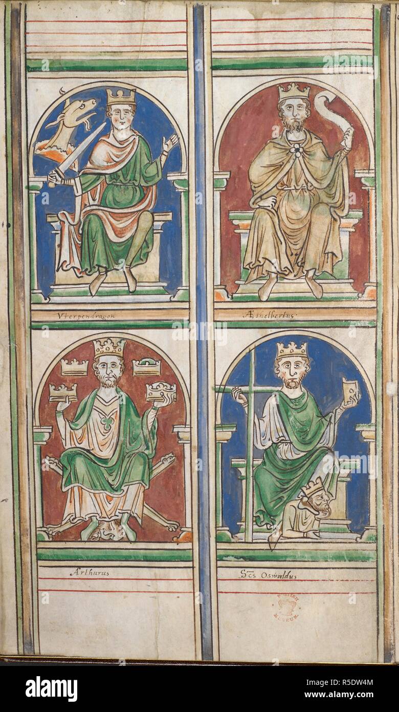 Haut de gauche à droite : Rois Uther Pendragon et Aethelbert bas de gauche à droite : King Arthur et Oswald . Dessins des rois d'Angleterre et l'Angleterre d'Henry III (1216â€"1272) (6râ€"9v) ;. L'Angleterre, S. (St Albans), c.1250-1259. Source : Cotton Claudius D. VI, f.6c. Auteur : PARIS, Matthieu. Banque D'Images