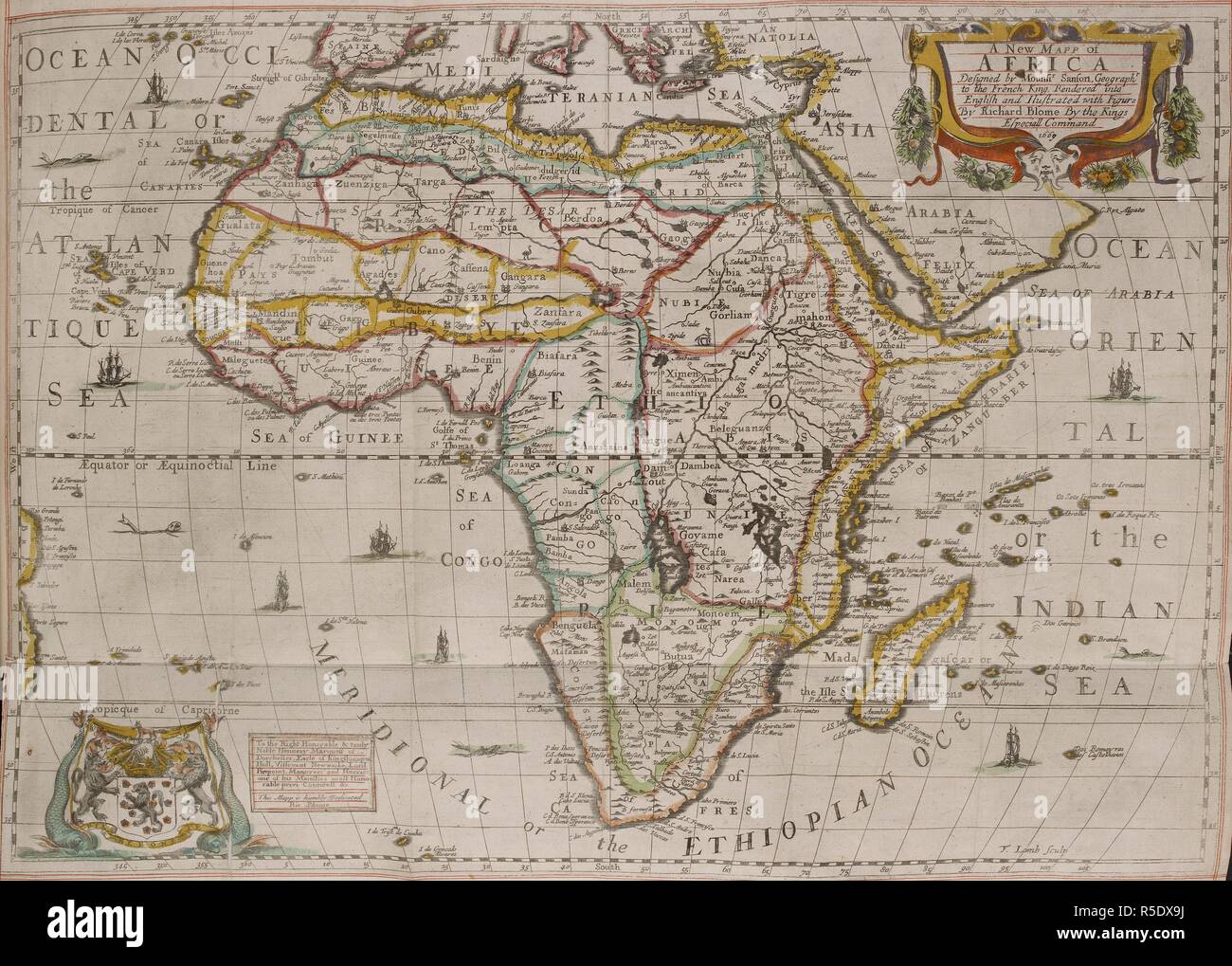 Une carte de l'Afrique, 17e siècle. Un nouveau mapp d'Afrique / Conçu par Mounsir [ !] Sanson . . . Rendus en anglais et ilustrated [ !] avec figurs [ !] par Richard Blome . . . 1669 ; F. sculptures d'agneau. Londres : Imprimé pour Richard Blome, 1669. Source : C.39.d.2 page 2-3. Banque D'Images