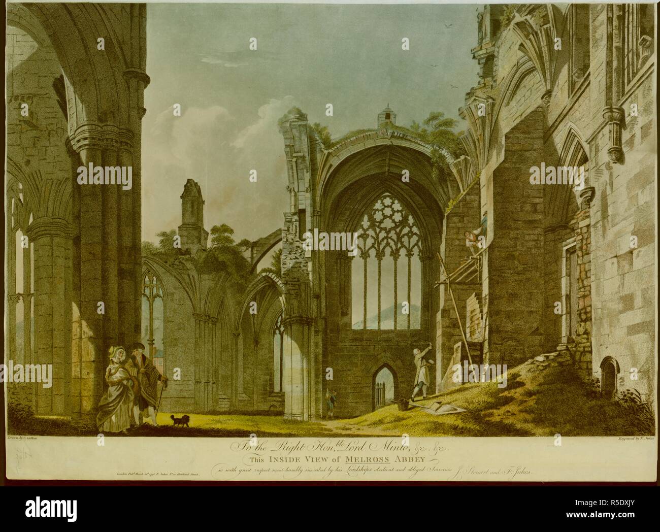 Une abbaye en ruine, avec hauteur, voûtes et fenêtres à remplages gothique a souligné. Trois hommes travaillant pour étayer la surface avec des briques apparentes sur la droite, l'une sur l'herbe avec du ciment à sa droite, désignant les autres sur un échafaudage au-dessus. Un homme, femme et chien marchant à côté les piliers d'une arche sur la droite. Le droit à l'Honble Lord Minto &c. &C. Cette vue de l'intérieur de l'ABBAYE : MELROSS est avec beaucoup de respect la plupart des inscrits par ses seigneuries humblement obéissants et obligés serviteurs J. Steuart et F. Jukes. Londres : Publiée le 31 mars 1798. F. Jukes No10 Rue Howland., [31 mars 1798]. Source : Maps K.Top.50 Banque D'Images