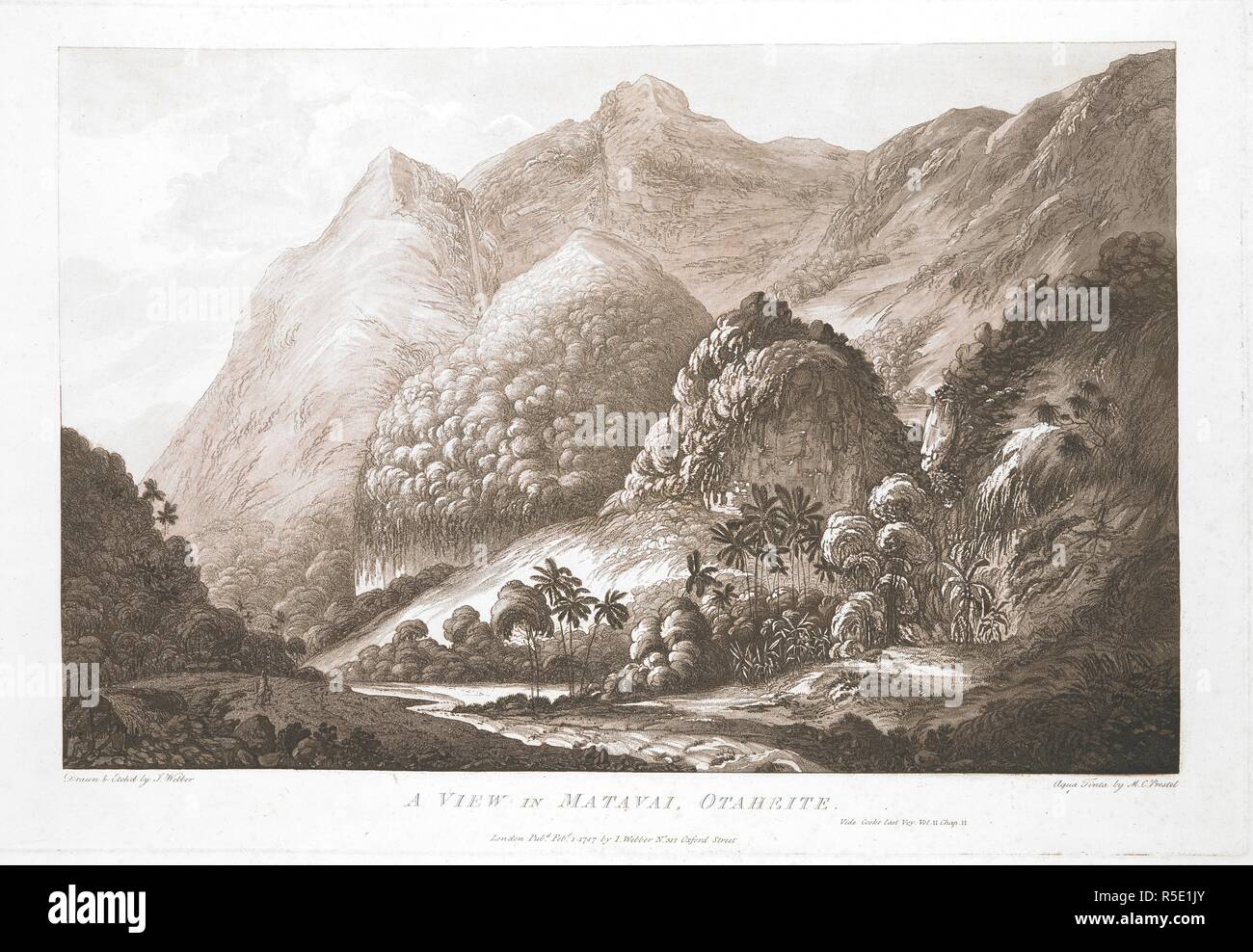 En vue, de Matavai Otaheite. En vue, de MATAVAI OTAHEITE. Vide : Cook's last Voy. Vol II, chapitre II. / Pris & Etch'd par J. Webber ; Aqua Tinta par M.C. Prestel. "Treize Vues des îles de l'océan Pacifique, &c, par I. Webber, 1787-92.â€™. Londres : Publiée Feby 1 1787 par I. Webber, n° 312 Oxford Street., février 1787 [1]. Source : Maps.7.tab.74.e. Banque D'Images