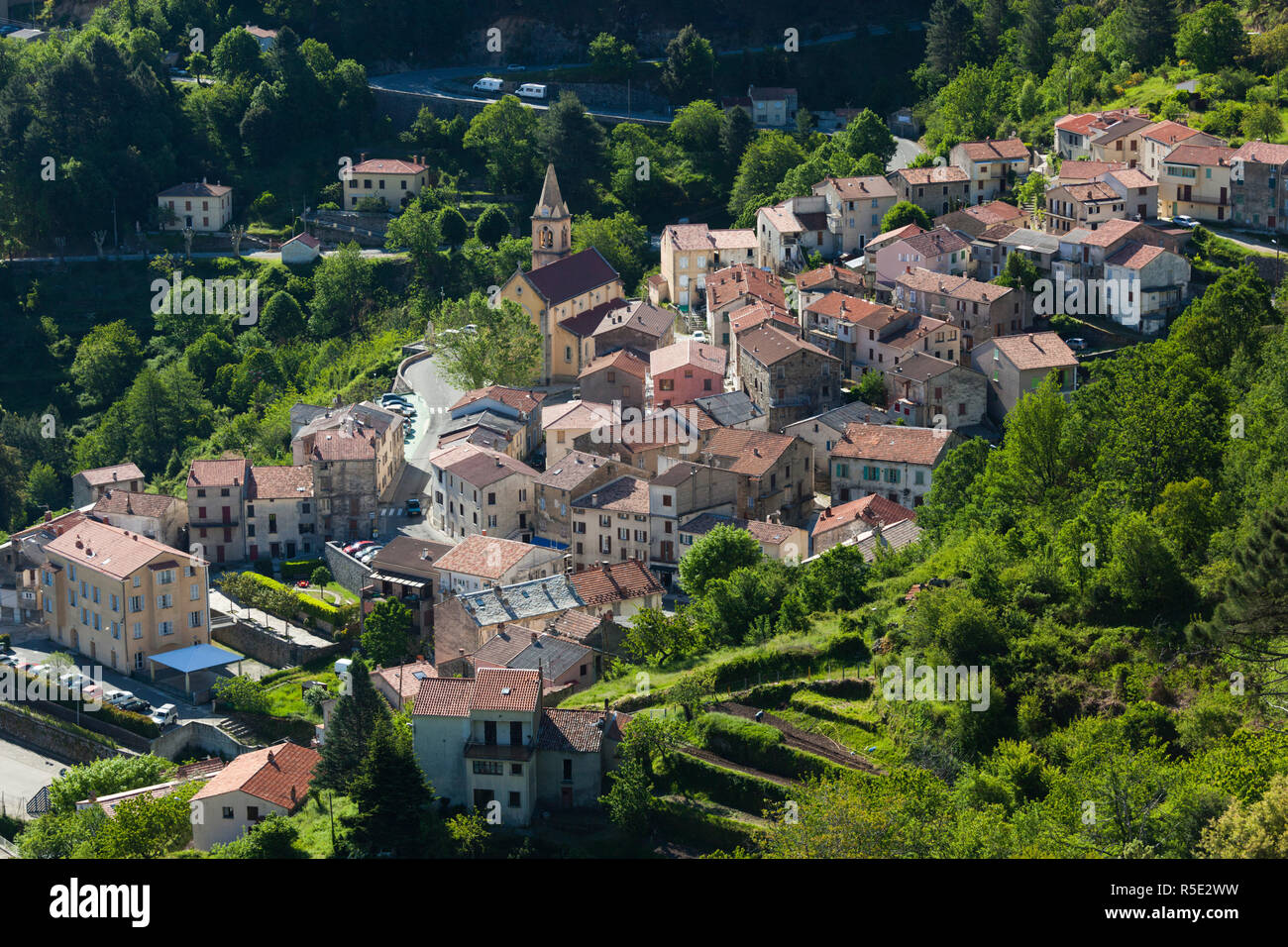 France, Corse, Haute-Corse département, région des montagnes centrales, Vivario, augmentation de la vue sur la ville Banque D'Images