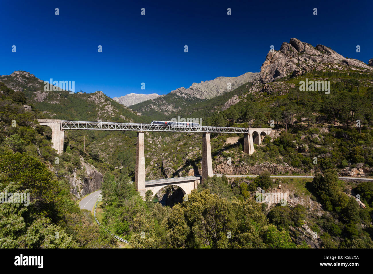 France, Corse, Haute-Corse département, région des montagnes centrales, Vivario, Pont du Vecchio, pont de chemin de fer conçue par Gustave Eiffel Banque D'Images