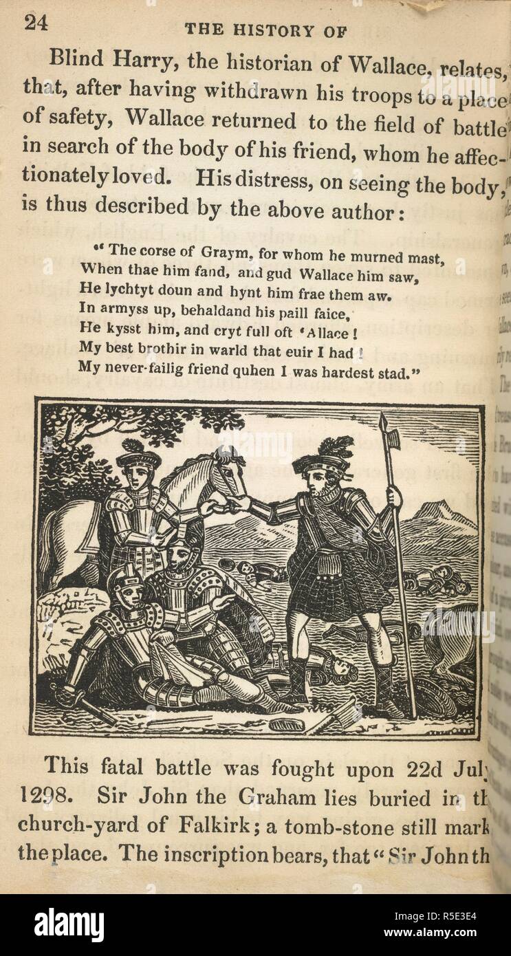 Sir William Wallace. L'histoire du célèbre Sir William Wallace, . Jas. Clarke & Co. : Edinburgh, [1850 ?]. Sir William Wallace assistant à un ami mourant, sur le domaine de la bataille de Falkirk, 1298. Image prise à partir de l'histoire du célèbre Sir William Wallace, avec gravures. [Un chap-livre.]. Publié à l'origine/produits au Jas. Clarke & Co. : Edinburgh, [1850 ?]. . Source : CH.810/169.(17), 24. Langue : Anglais. Banque D'Images