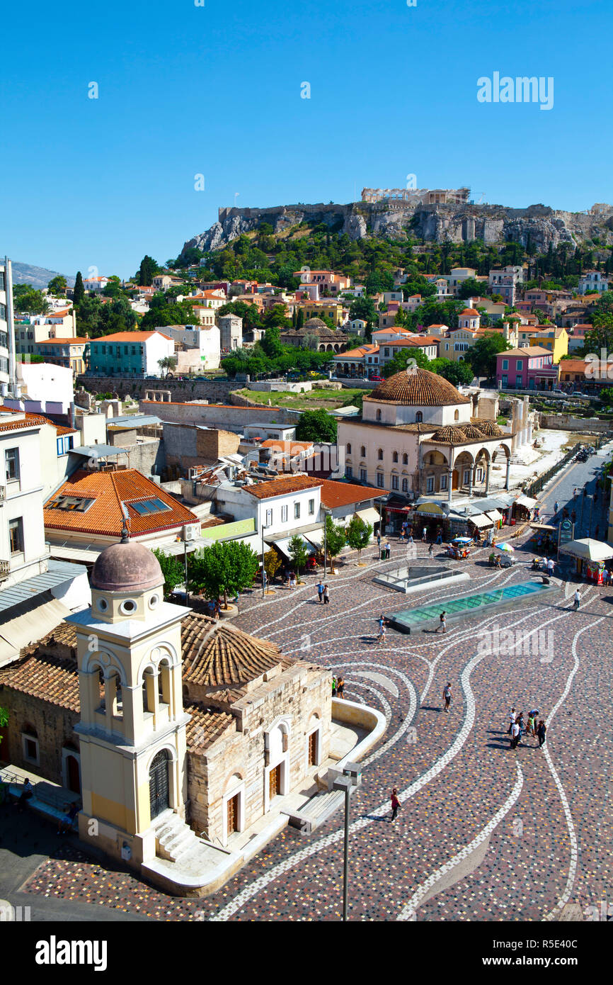 Des vues sur la place Monastiraki, l'Acropole et le Parthénon, Monastiraki, Athènes, Grèce Banque D'Images