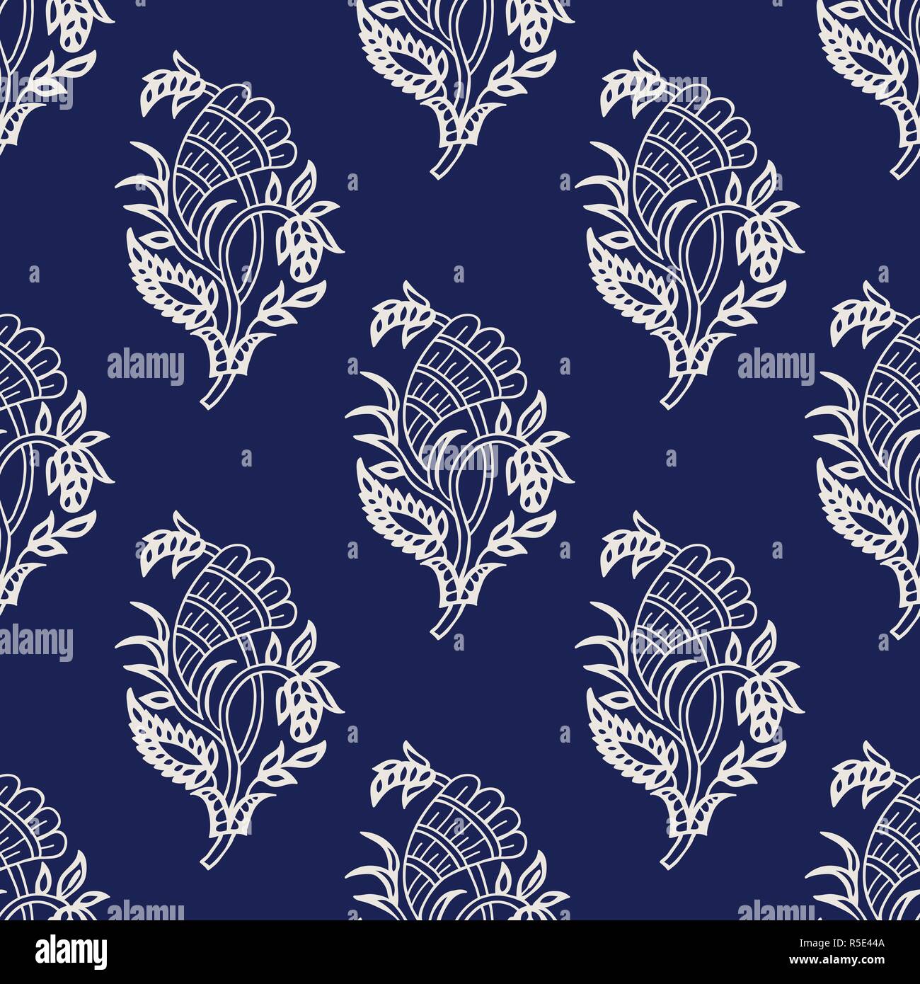 Bloc bois indigo ont imprimé ethnique transparente motif Paisley. Ornement oriental traditionnel de l'Inde avec le houblon, écru sur fond bleu marine. Illustration de Vecteur