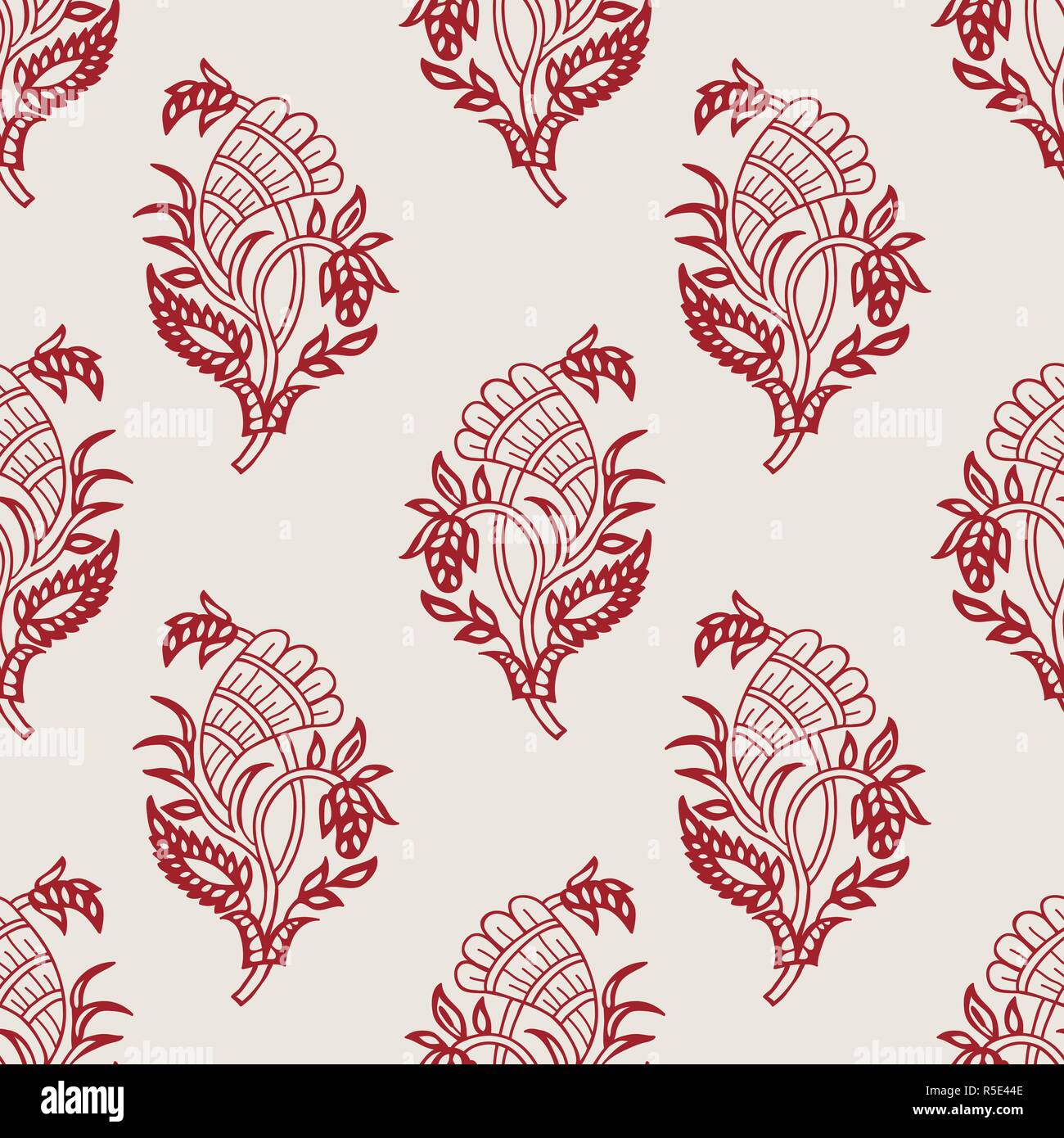 Cale en bois imprimé ethnique sans motif Paisley. Ornement oriental traditionnel de l'Inde avec le houblon, rouge sur fond écru. Le design textile. Illustration de Vecteur