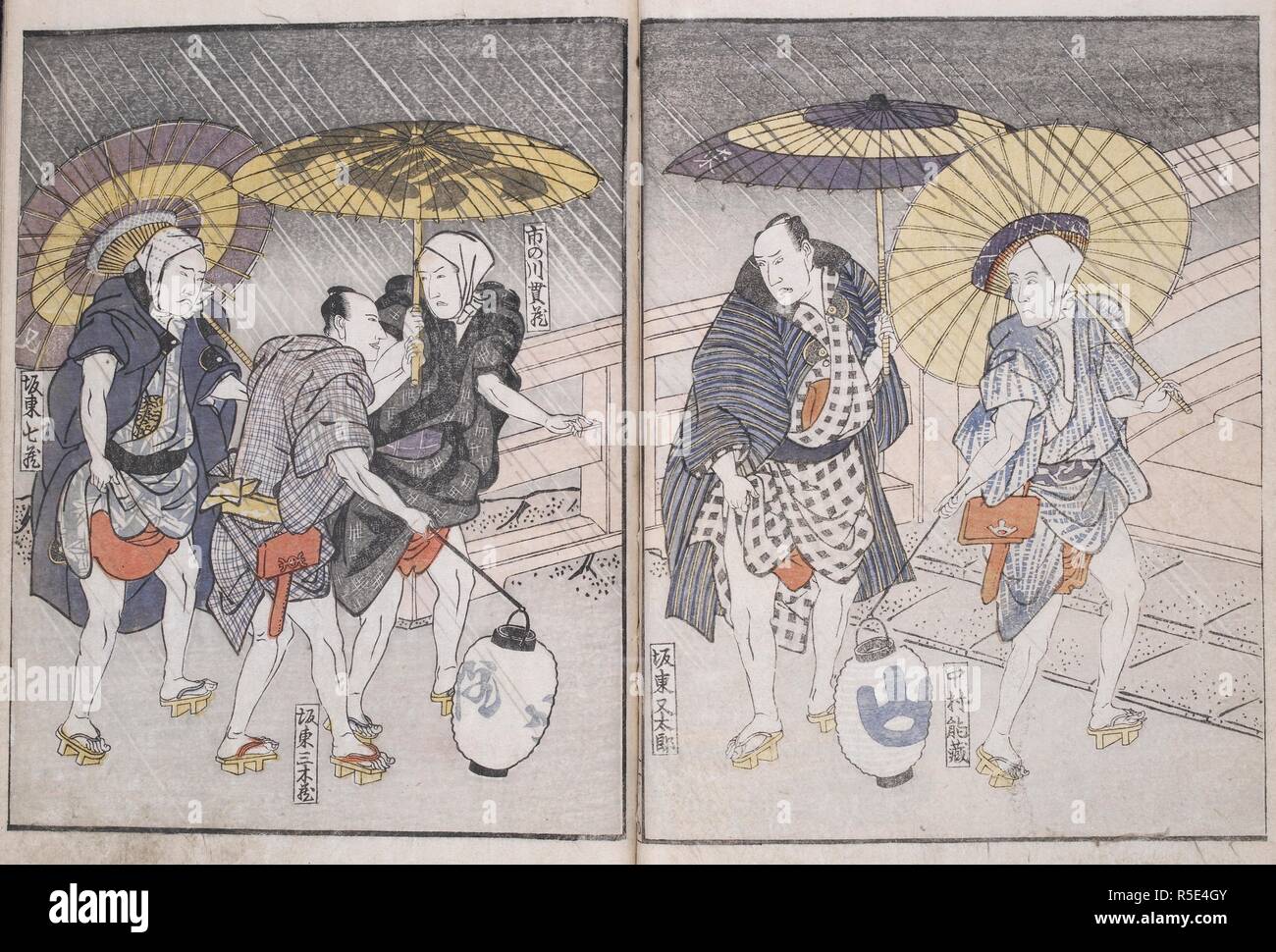 Acteurs de la pluie. Yakusha Sangaikyo ('attraction pour les acteurs sur le T., Edo 1801. Acteurs de la pluie. À partir de 'Yakusha sangaikyo', un livre montrant acteurs dans le plaisir quarts d'Edo. Imprimé en couleur sur bois. Image réalisée à partir d'Yakusha Sangaikyo ('attraction pour les acteurs au troisième étage'). Publié à l'origine/produit à Edo, 1801. . Source : 16104.a.37 volume 2, ff.9V-10. Langue : japonais. Auteur : Utagawa Toyokuni,. SHIKITEI SANBA. Banque D'Images