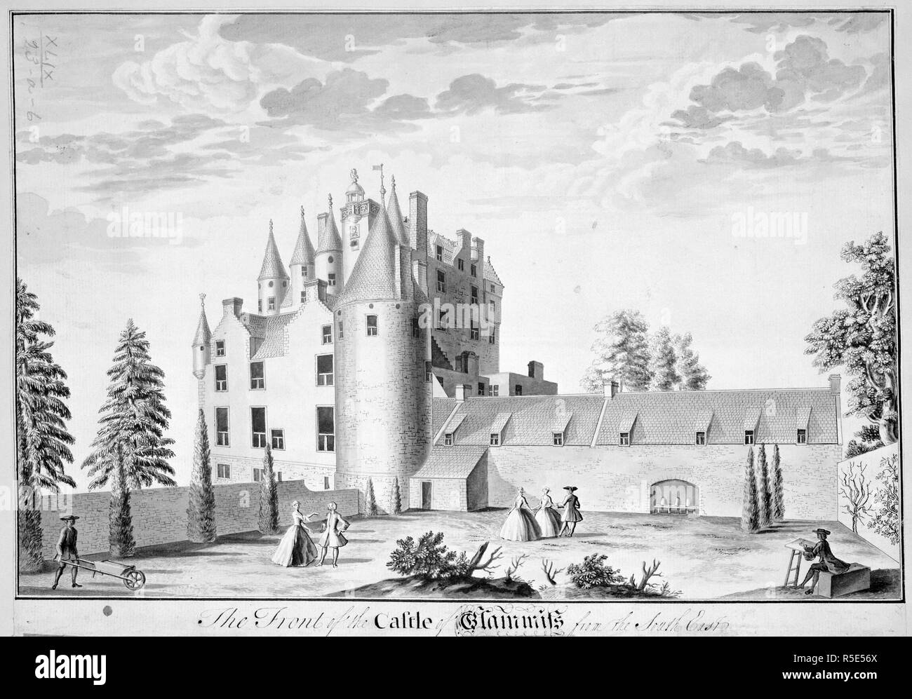 Le Château de Glamis. Une vue, à l'encre, du château de Glammis, f. ca. 1746. Une vue, à l'encre, du château de Glammis, du sud-est ; Mme 1 f. x 8 1/2 in. ; 30 x 22 cm. Image réalisée à partir d'une vue, à l'encre, du château de Glammis, du sud-est ; dessiné par John Elphinstone.. Publié à l'origine/produit en ca. 1746. . Source : Maps.K.Haut.49.23.a.6,. Langue : Anglais. Banque D'Images