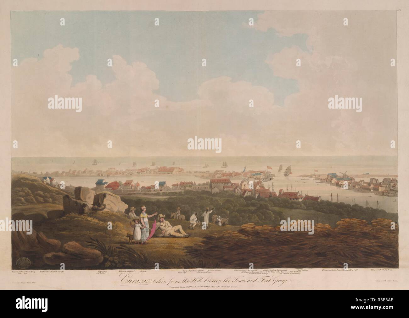 Un comité permanent de la famille avec leur chien au sommet d'une colline regarder la vue depuis l'avant-plan, avec des chiffres et des chevaux au-delà. Maisons dans le quartier de Peter Moy sur la gauche, Willemstad au milieu, et Fort Amsterdam, batteries, l'entrée du port et un moulin à vent sur le droit à l'arrière-plan. CuraÃ§ao, prises à partir de la colline entre la ville et le fort George. [Paris] : Paru le 2 mars 1812 par messieurs.d. BOYDELL & Co. no 90, Cheapside, Londres, mars 1812 [2]. La main, l'aquatinte et la gravure. Source : Maps K.Haut.123.123.2. Langue : Anglais. Auteur : ceinture, James. Banque D'Images