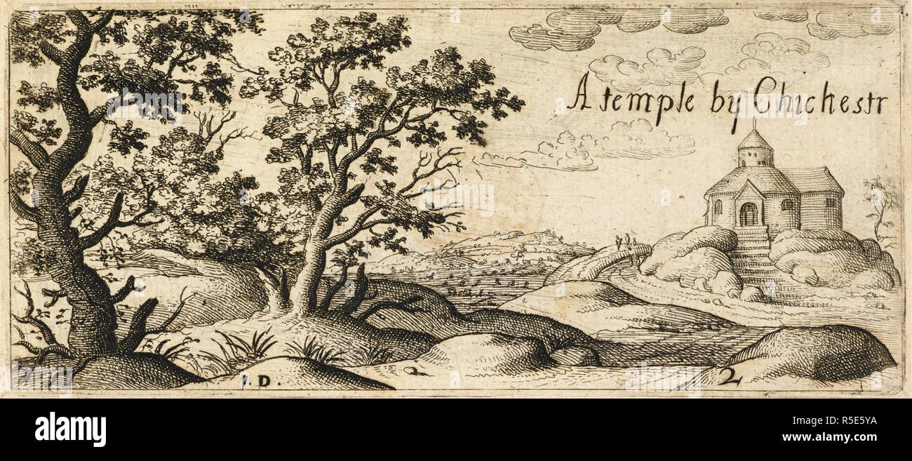 De grands arbres sur le côté gauche ; un tour d'un temple ou d'église sur la droite ; les figures sur un chemin qui traverse le centre de la scène, les champs au loin. Un temple par Chichestr. c. 1660. Eau-forte. Source : Maps K.Haut.42,19.a.2. Langue : Anglais. Auteur : Dunstall, John. Banque D'Images