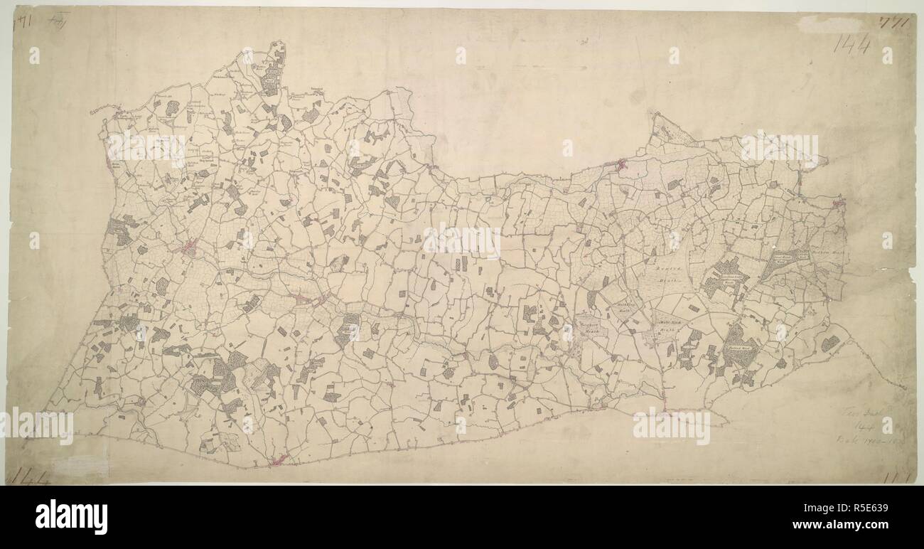 Halstead. Lacunes ovales ont été laissés dans les zones boisées de ce plan d'inachevé pour autoriser les noms de lieu d'être inséré plus tard. Le réseau routier est terminé, ce qui indique que les voies de communication ont été le premier aspect de la zone à être enregistrés, un reflet de l'impératif militaire de l'enquête. . 1799. Plume et encre sur papier. Map scale ratio : 2'' : 1 km (1 : 31680) Longueur : 45 Largeur : 25. Source : 144 OSD, no20. Auteur : Yeakle, Thomas. Banque D'Images