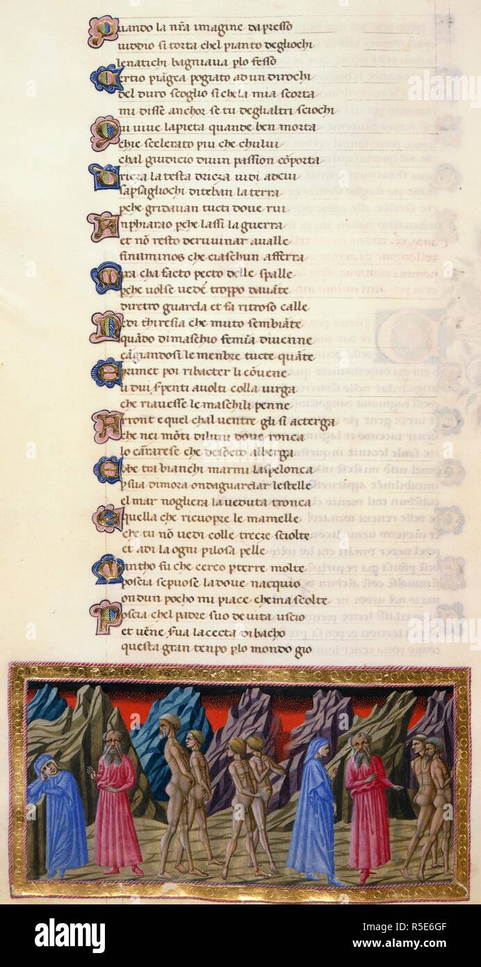 Dante et Virgile assiste à la mort de l'devins, dont la tête est tournée vers l'arrière parce qu'ils avaient tenté de voir trop loin dans l'avenir, dans l'illustration de Canto XX. . Divina Commedia. L'Italie, N. (Toscane, Sienne ?), entre 1444 et ch. 1450. Source : Yates Thompson 36, f.35v. Langue : Italien. Banque D'Images