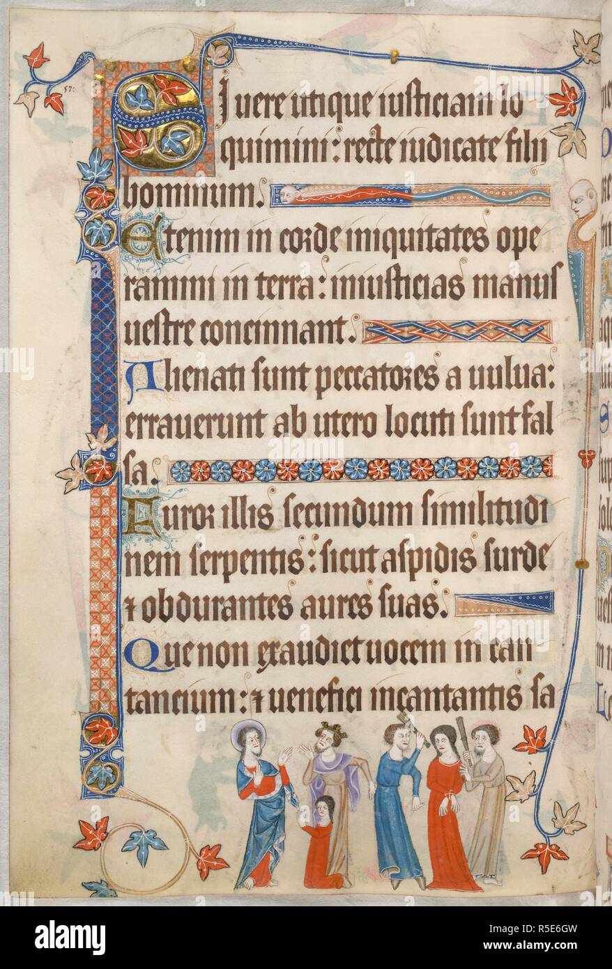 Psaume 57 ; Femme bénie par saint. Luttrell Psalter. L'Angleterre [East Anglia] ; années 1325-1335. [Folio] fin du Psaume 56. Psaume 57 commençant par 'S' initiale décorée. Décoration à la frontière avec les grotesques. Dans la marge inférieure, un saint barbu bénit une femme agenouillée, comme un roi se tient derrière elle, sur la droite, il est battu par deux bourreaux Image prise de Luttrell Psalter. Publié à l'origine/produit en Angleterre [East Anglia] ; années 1325-1335. . Source : ajouter. 42130, f.105v. Langue : le latin. Banque D'Images