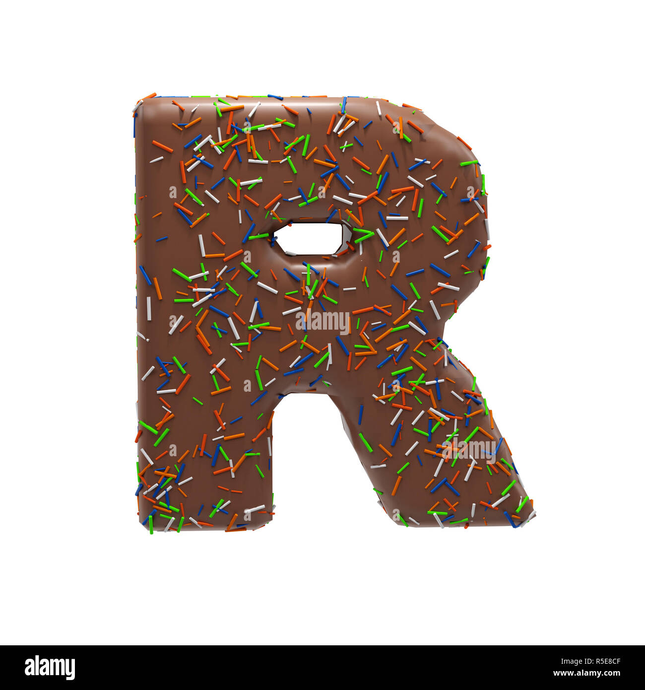 Gâteau au chocolat Donut font avec des paillettes. Délicieux Lettre R. Illustration 3D Render. Banque D'Images