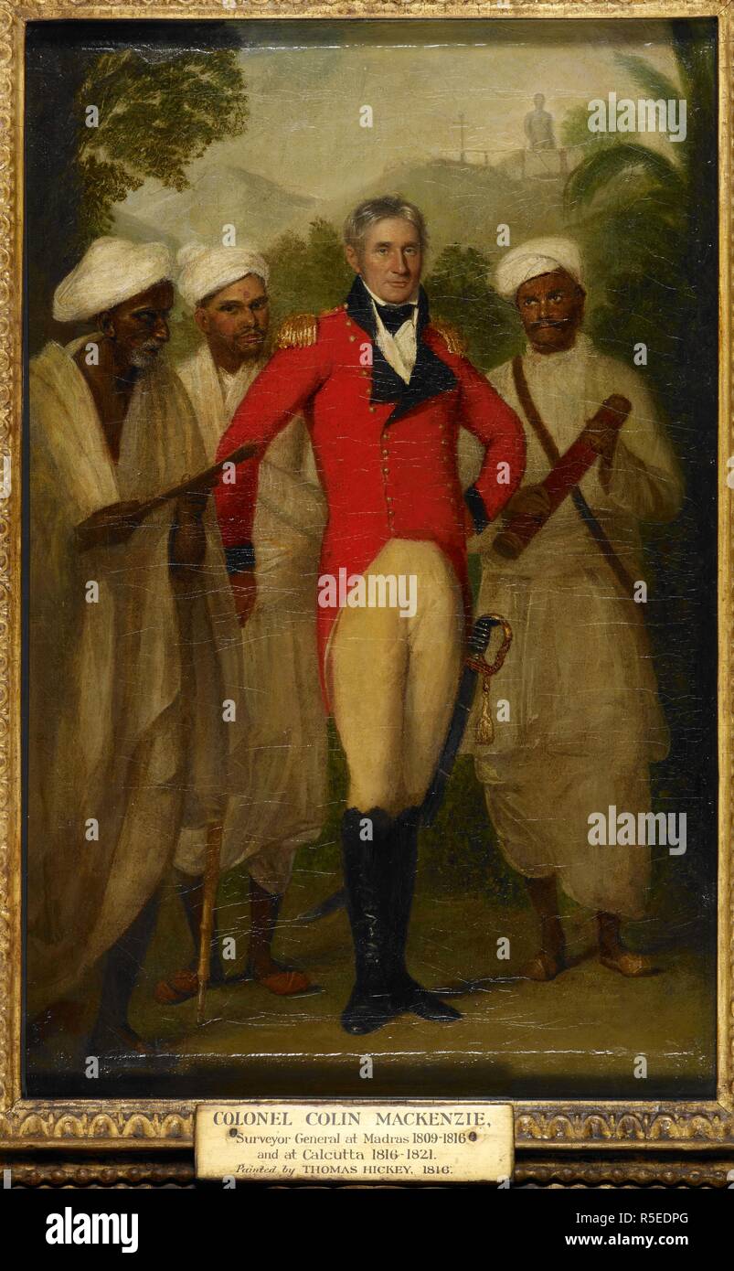 Le Colonel Colin MacKenzie (1754-1821), 1816. MacKenzie, portant uniforme écarlate, tête nue et s'appuyant sur une canne, est accompagné par trois de ses assistants indiens. Le paysage en arrière-plan est de la statue de Jain à Gomatesvara Karkala. Identification de trois personnes l'entourant n'est pas concluante. Mackenzie . 1816. La peinture à l'huile. 23 par 15 ins (58,5 par 38 cm). Source : favoriser 13. Auteur : Thomas Hickey. Banque D'Images