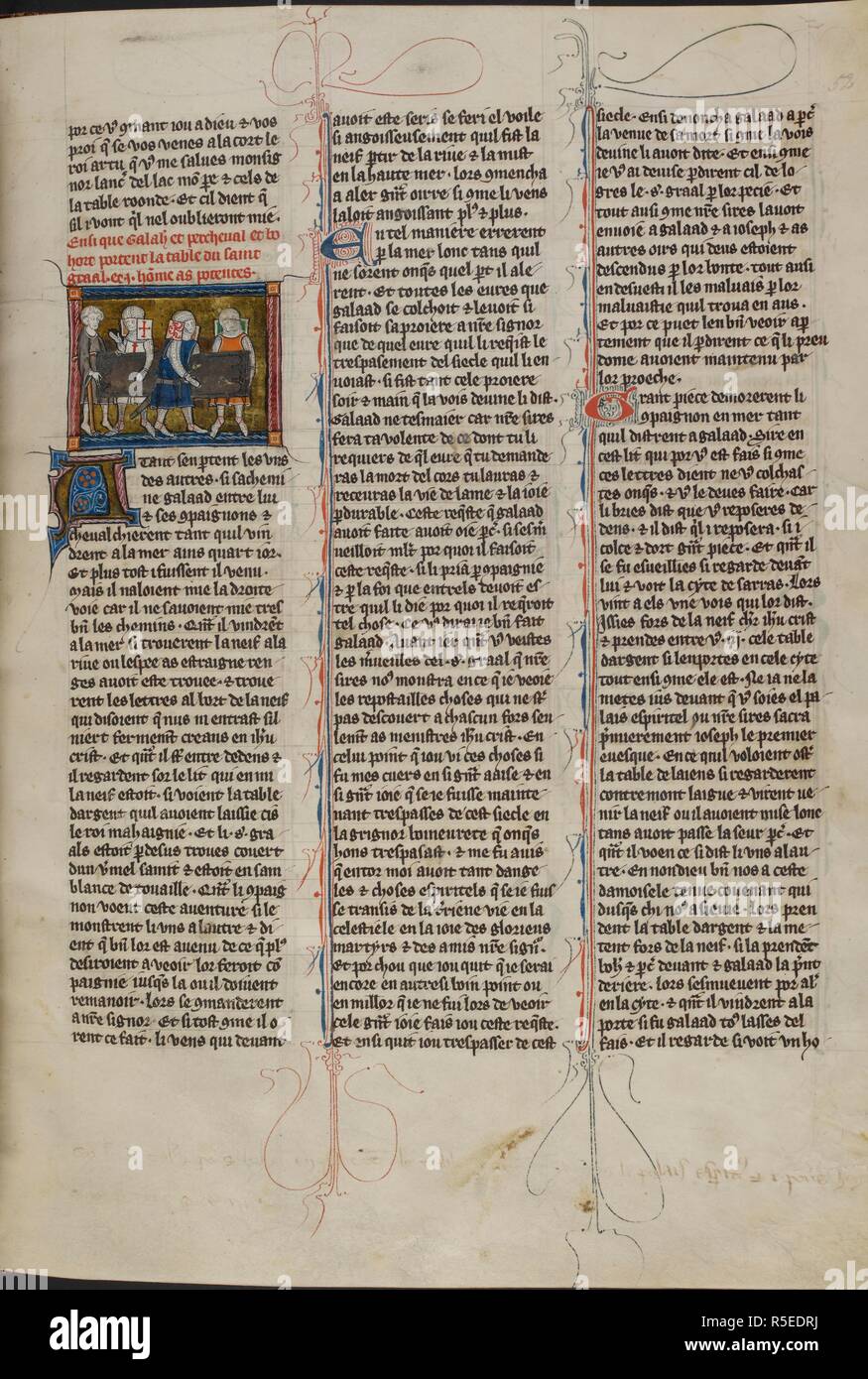 Montre miniature Galahad, Perceval et Bohors portant la table d'argent au Palais spirituel à Sarras. Un mendiant estropié, miraculeusement guéri, bondit jusqu'à les aider. La Queste del Saint Graal. France ; vers 1316. Source : ajouter. 10294, f.52. Langue : Français. Banque D'Images