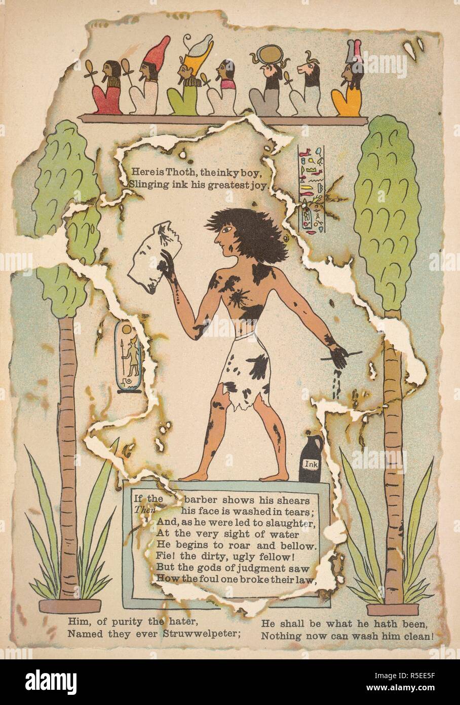 Thoth. L'Egyptian Struwwelpeter. Étant le Struwwelpete. H. Grevel & Co. : Londres, [1899]. Ici, c'est Thot, le garçon, l'encre encre d'élingage sa plus grande joie". Image prise à partir de l'Égyptien Struwwelpeter. Étant le Struwwelpeter Papyrus. Avec texte intégral et original de vignettes les papyri de Vienne, etc. [une imitation de H. Hoffmann's Struwwelpeter.].. Publié à l'origine/produit dans H. Grevel & Co. : Londres, [1899]. . Source : 12315.k.21, première page. Langue : Anglais. Banque D'Images