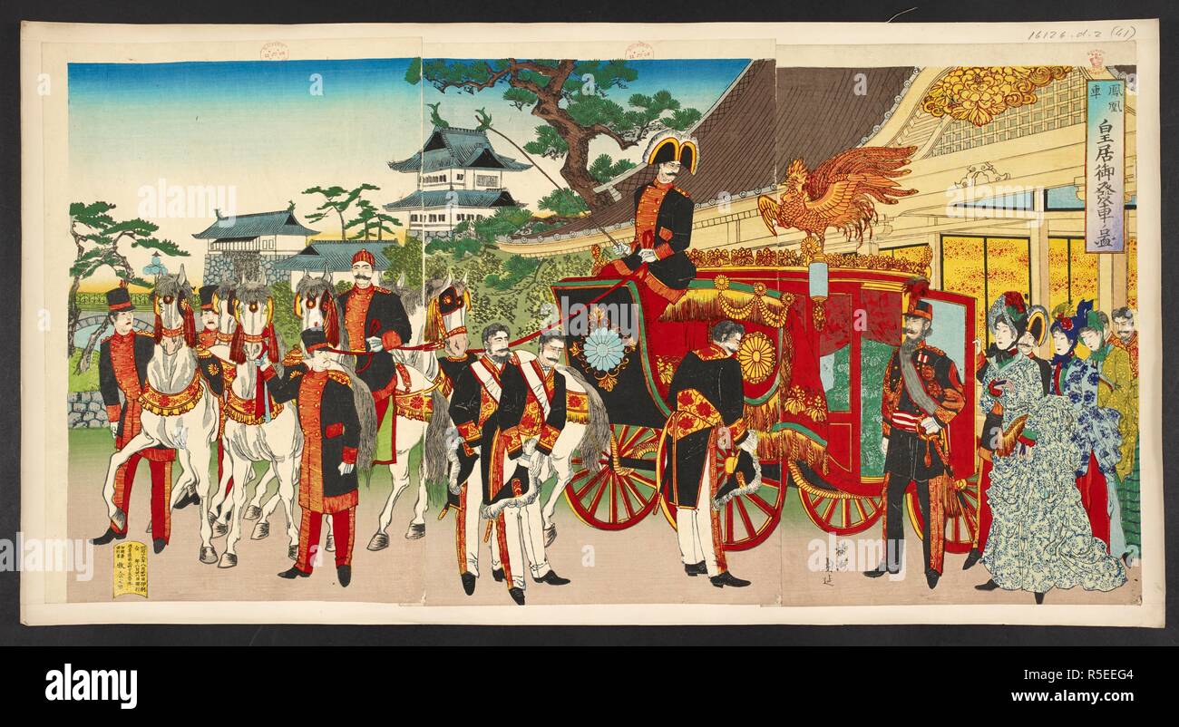 L'empereur Meiji se prépare à quitter le palais dans le chariot de Phoenix . HÅÅsha kÅkyo rendez-no hassha zu. Août 1893. Source : 16126.d.2 (41). Langue : japonais. Auteur : YÅshu Chikanobu. Banque D'Images