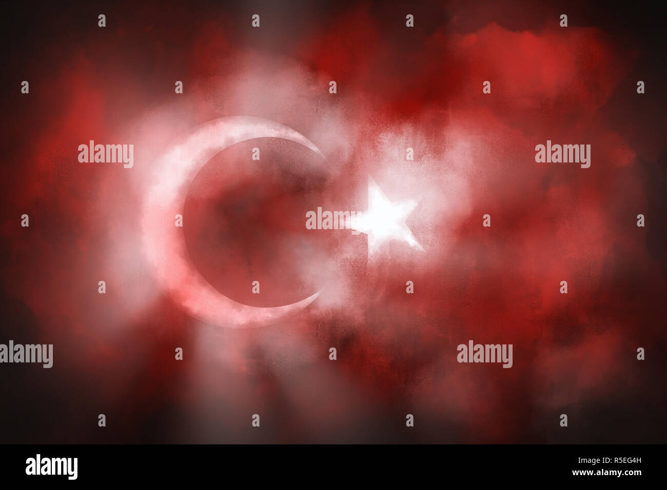 Drapeau turc avec la fumée de couleur rouge et blanc. et avec les rayons lumineux. Banque D'Images
